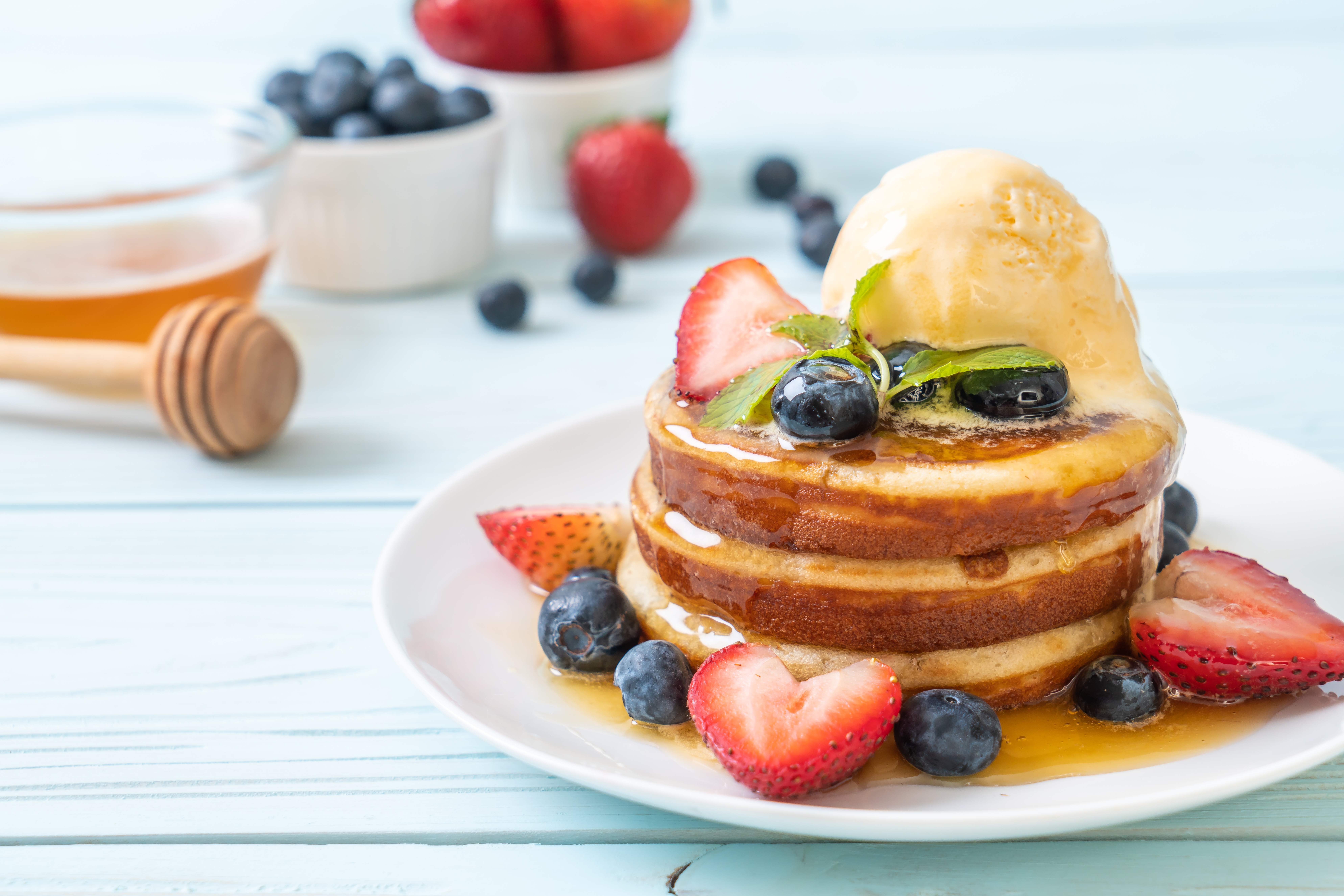 Download mobile wallpaper Food, Strawberry, Blueberry, Berry, Honey, Breakfast, Pancake for free.