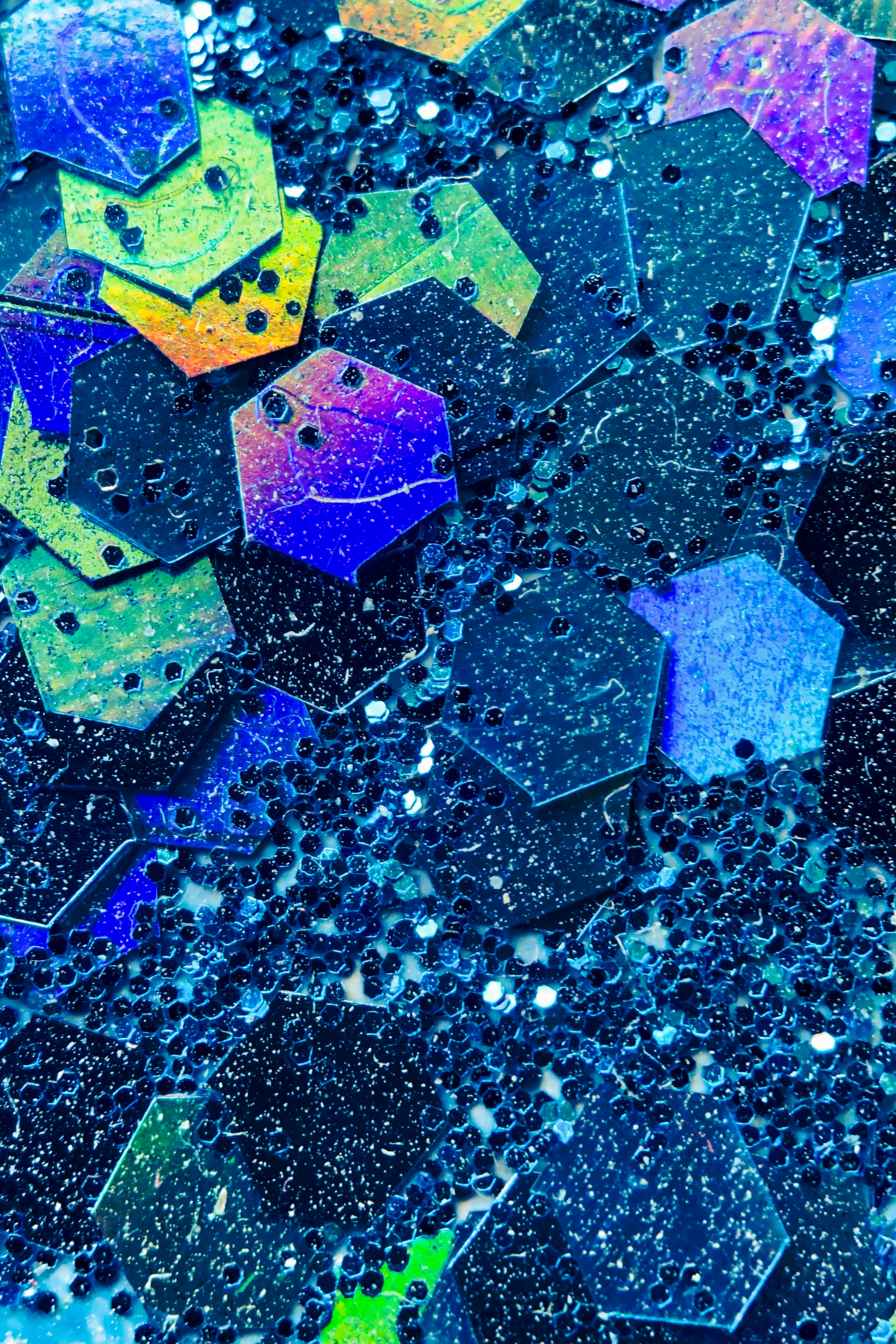 hexagons, abstract, blue, tinsel, sequins