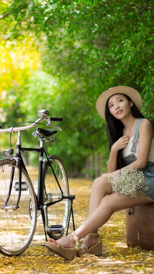 Download mobile wallpaper Bicycle, Hat, Brunette, Model, Women, Asian, Long Hair, Depth Of Field for free.