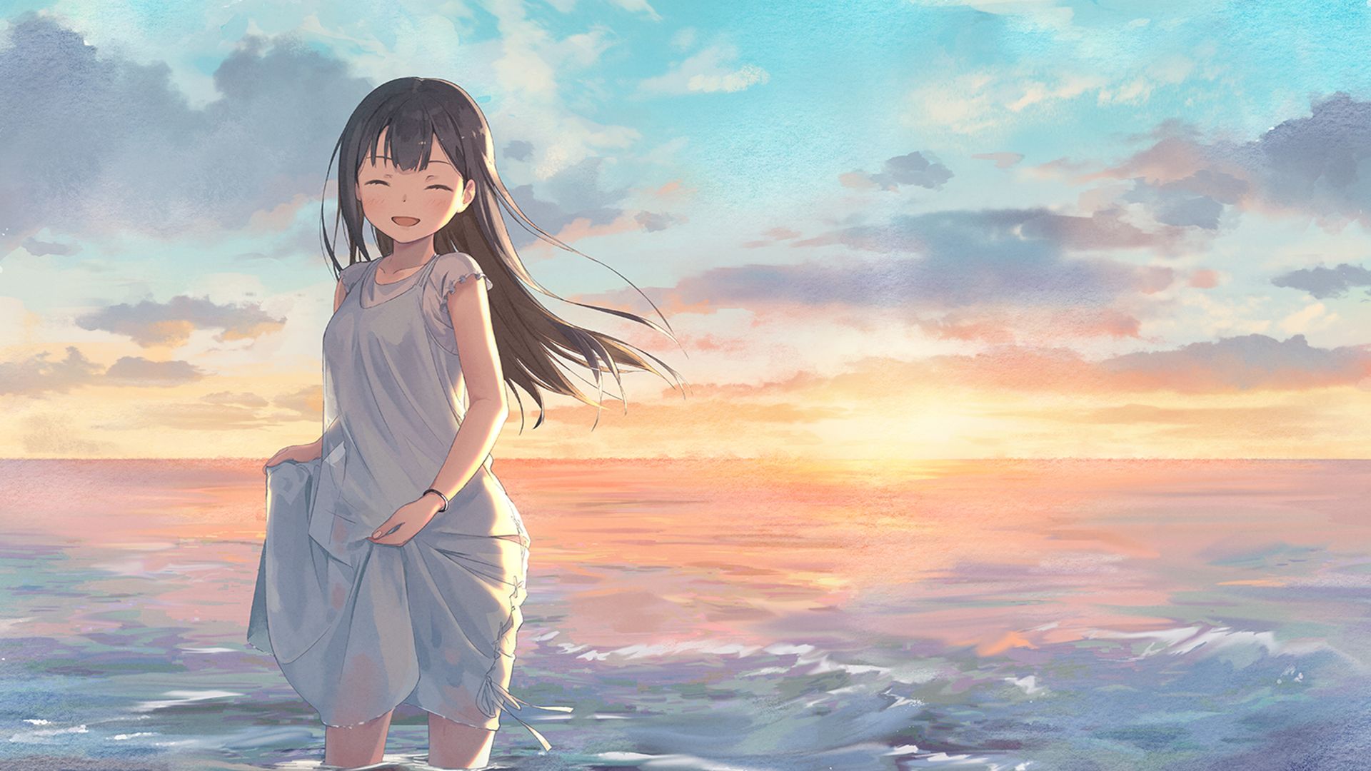 Laden Sie das Original, Meer, Sonnenuntergang, Animes, Schwarzes Haar, Lange Haare, Weißes Kleid-Bild kostenlos auf Ihren PC-Desktop herunter