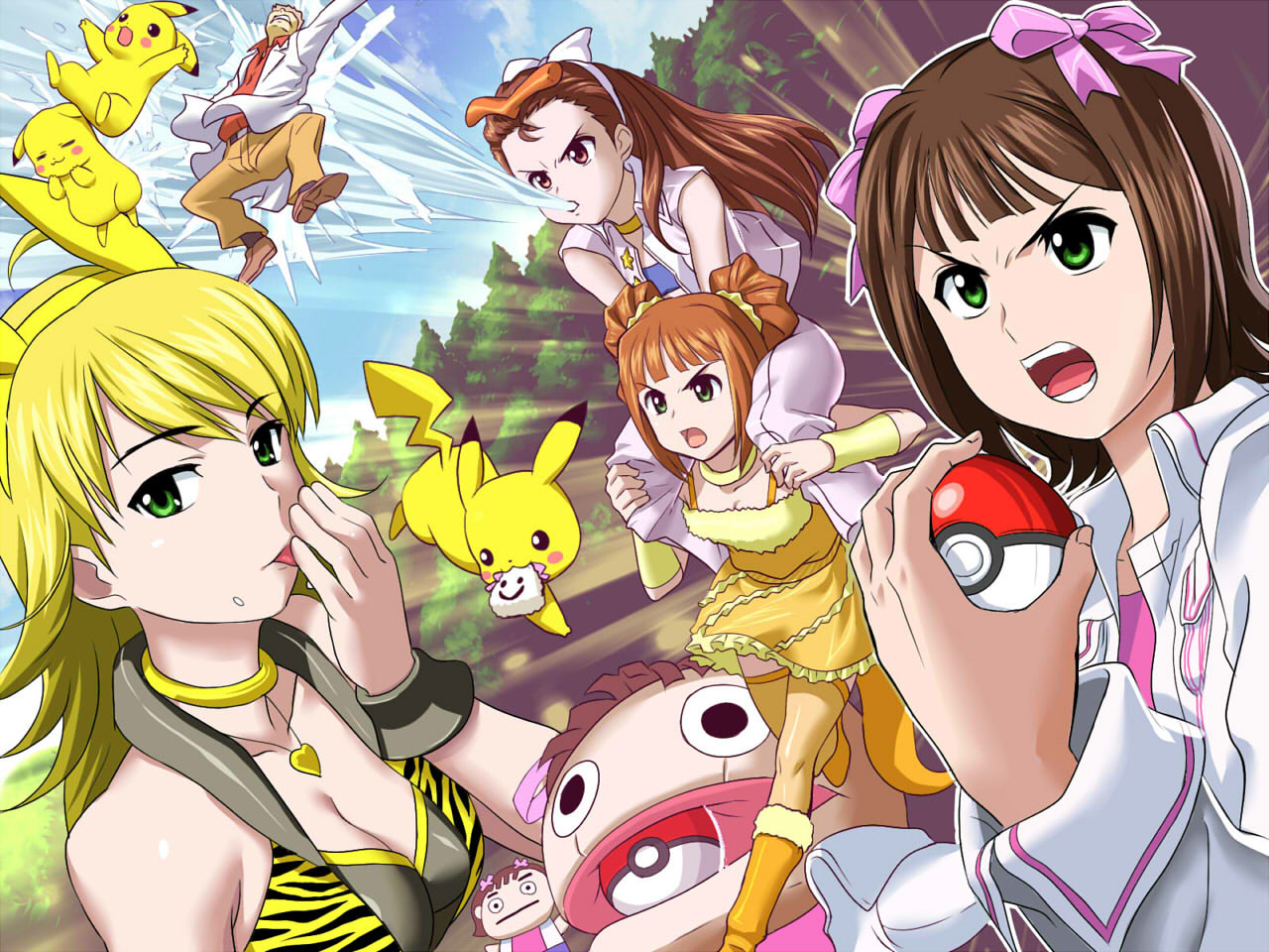 Download mobile wallpaper Anime, Pokémon, Crossover, Pikachu, Pokeball, The Idolm@ster, Professor Oak (Pokémon) for free.