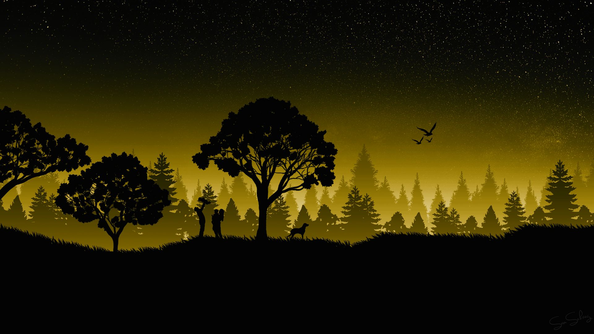 Download mobile wallpaper Landscape, Forest, Tree, Dog, Starry Sky, Artistic for free.