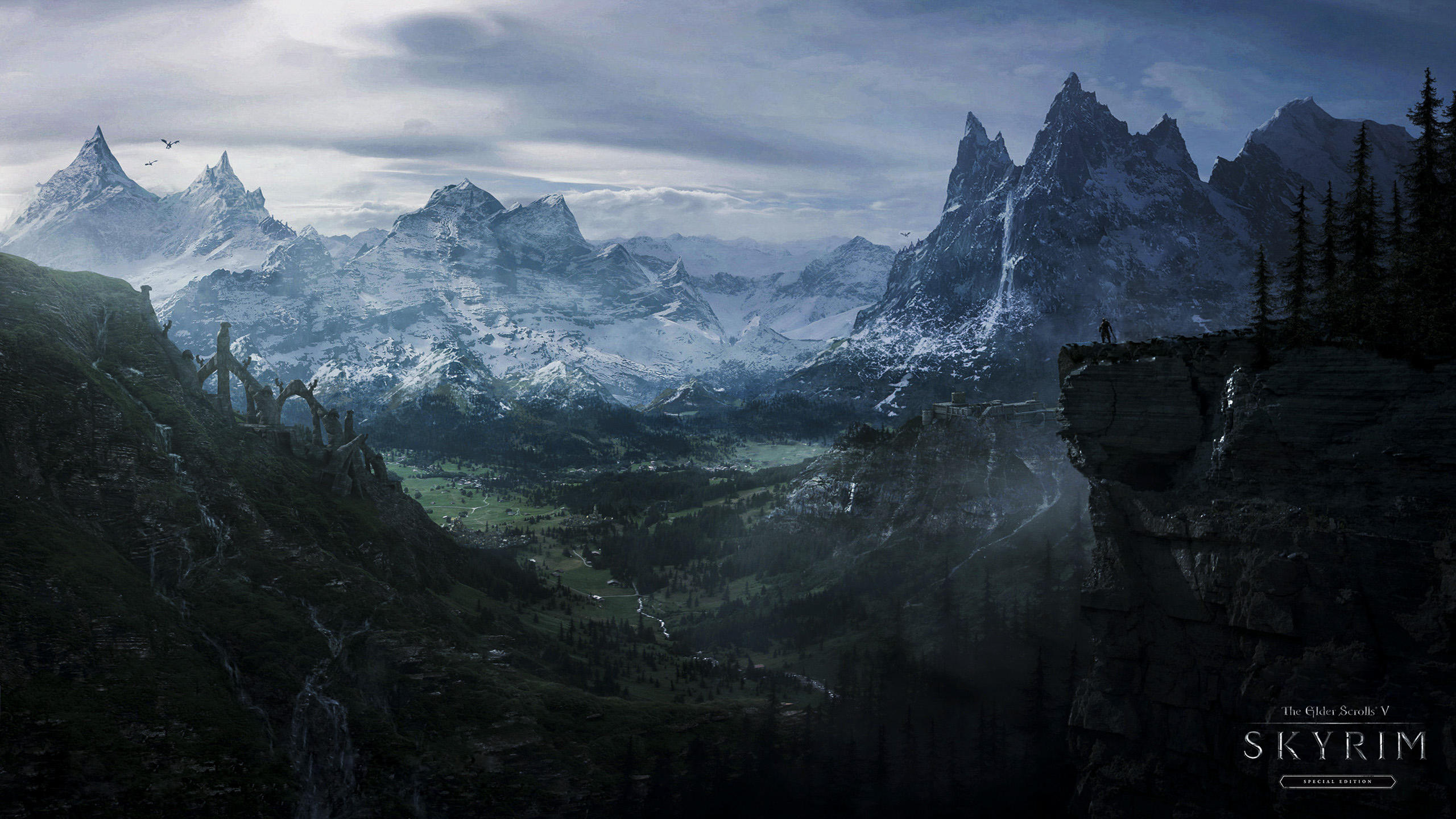 Download mobile wallpaper Landscape, Fantasy, Snow, Mountain, Forest, Cliff, Dragon, River, Video Game, Skyrim, The Elder Scrolls V: Skyrim, The Elder Scrolls for free.
