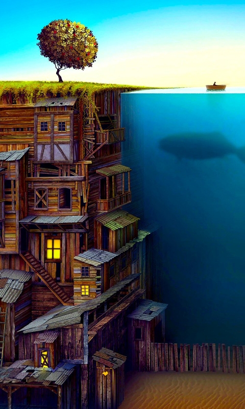 Download mobile wallpaper Fantasy, City, Tree, Whale, Underwater, Magical for free.