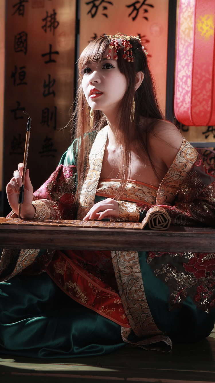 Download mobile wallpaper Women, Calligraphy, Bonsai, Asian, Taiwanese, National Dress, Sà Lín for free.