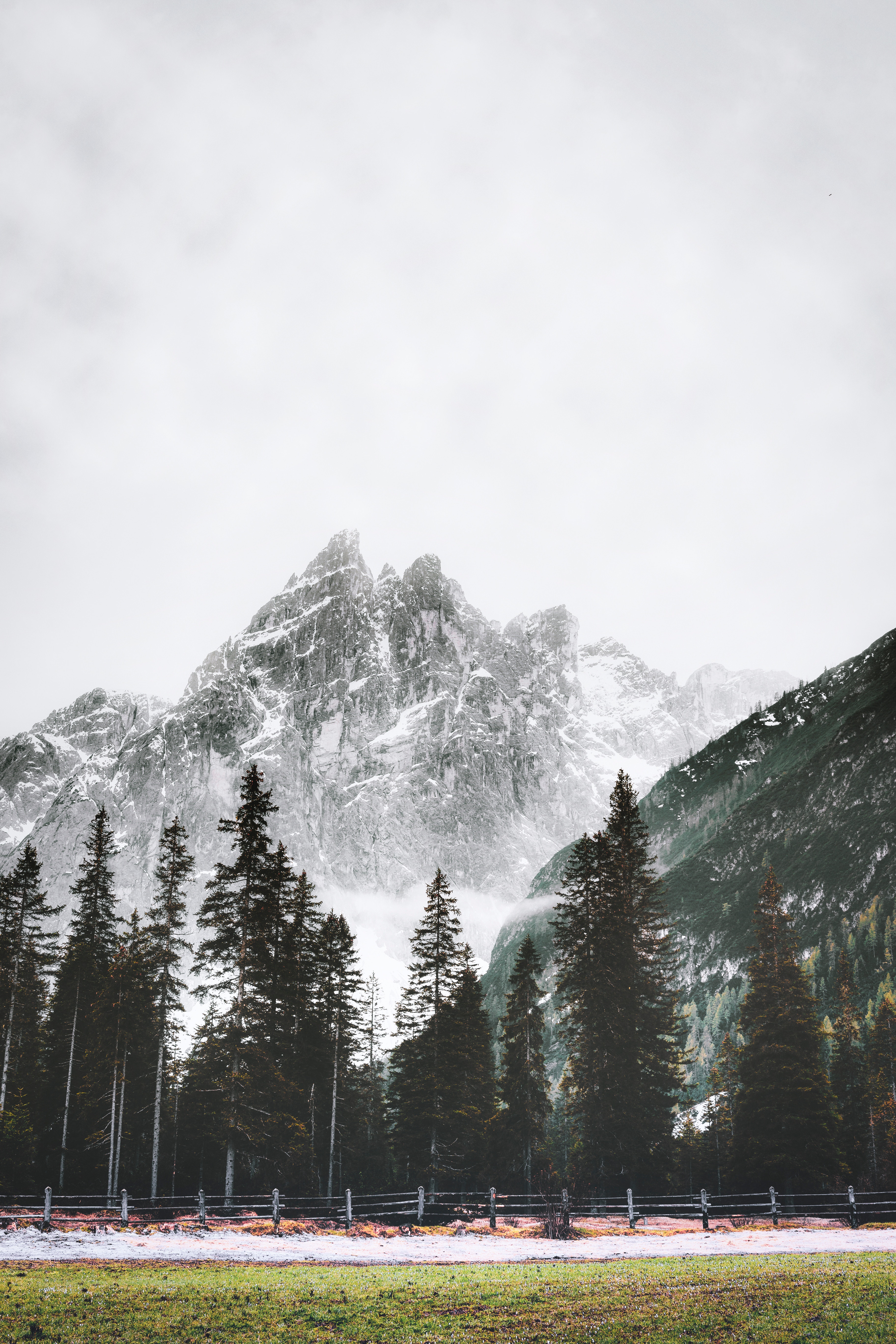 Скачать картинку Гора, Вершина, Деревья, Снег, Пейзаж, Природа в телефон бесплатно.