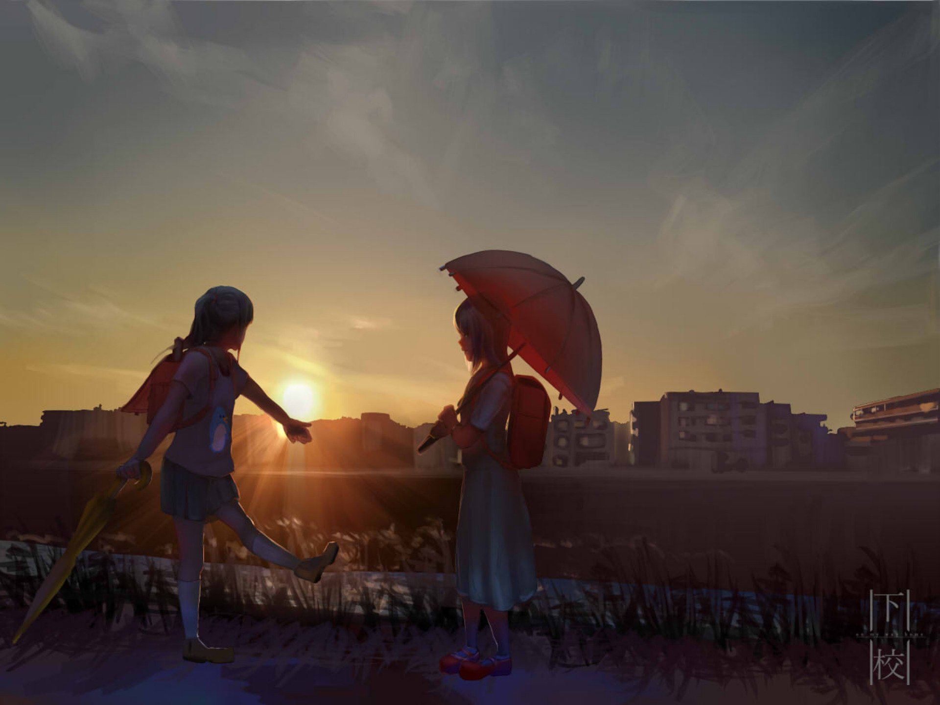 Baixe gratuitamente a imagem Anime, Pôr Do Sol, Prédio, Casal, Guarda Chuva na área de trabalho do seu PC