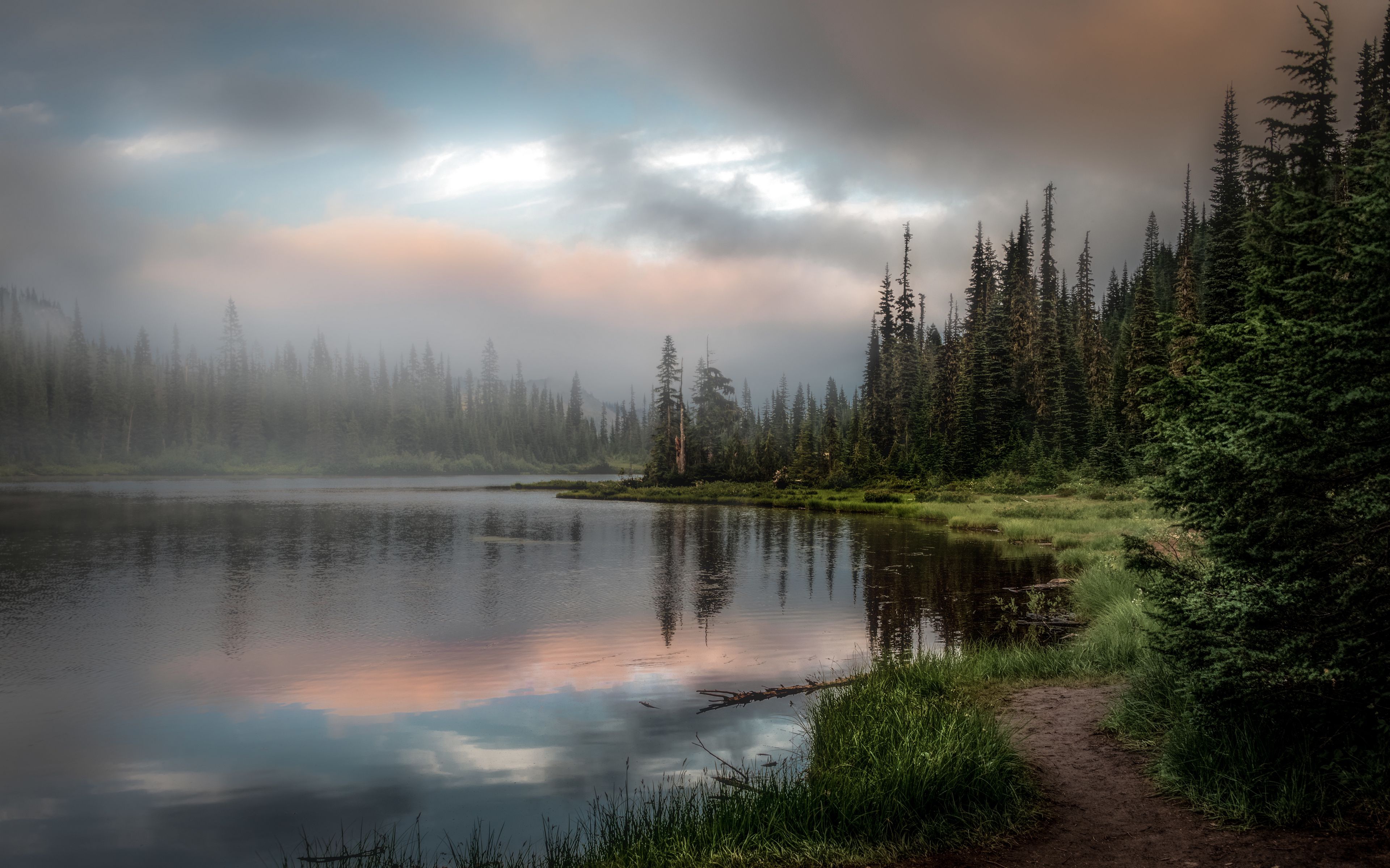 PCデスクトップに湖, 森, 霧, 地球, 空, クラウド画像を無料でダウンロード