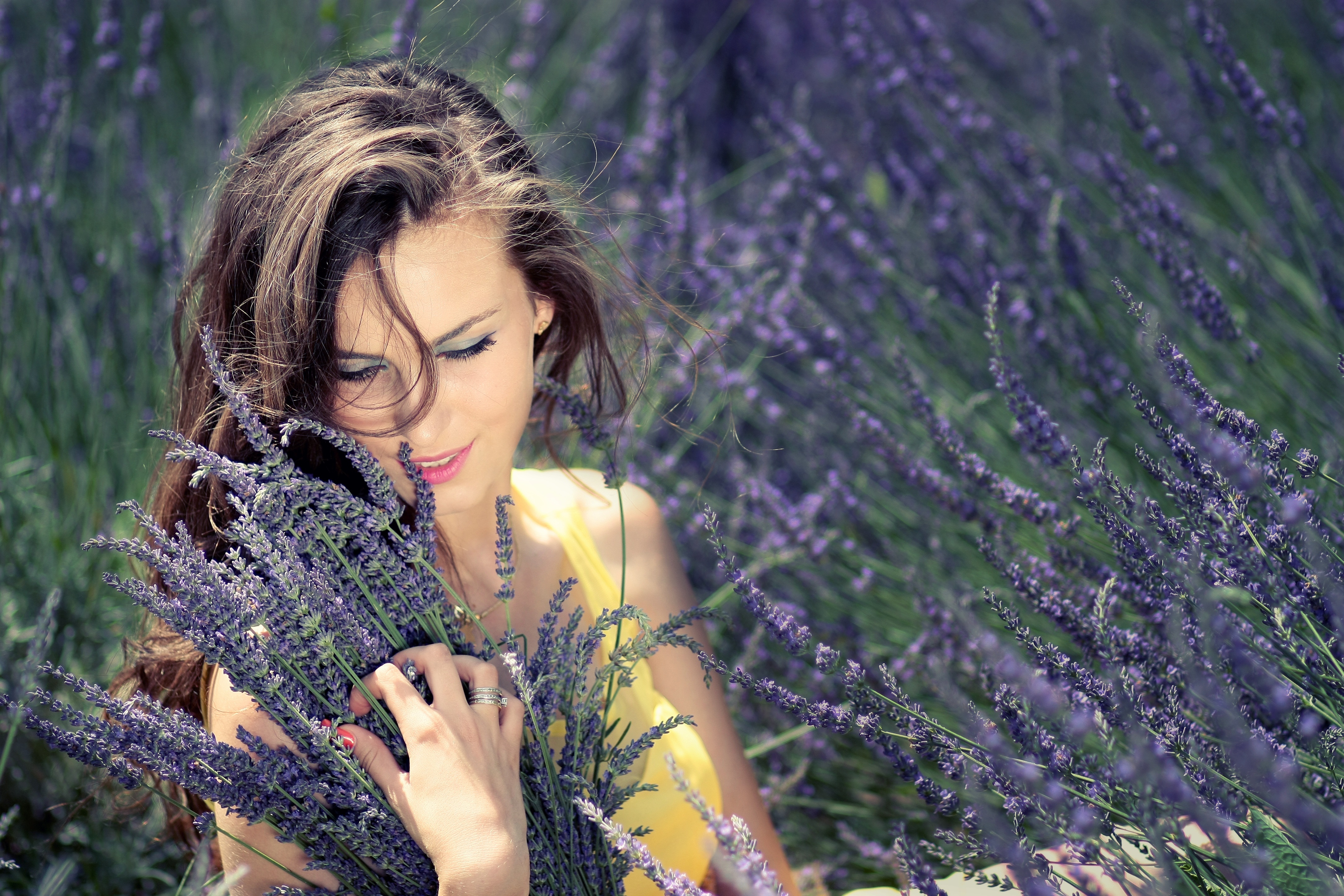 Download mobile wallpaper Flower, Mood, Brunette, Lavender, Model, Women, Purple Flower for free.