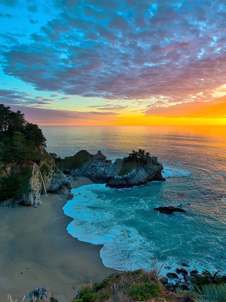 Download mobile wallpaper Sunset, Sea, Horizon, Ocean, Earth, California, Big Sur, Mcway Falls for free.