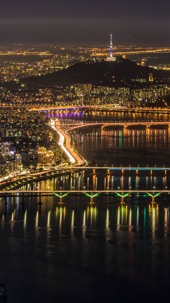Download mobile wallpaper Cities, Night, City, Light, Bridge, Cityscape, River, Seoul, South Korea, Man Made for free.