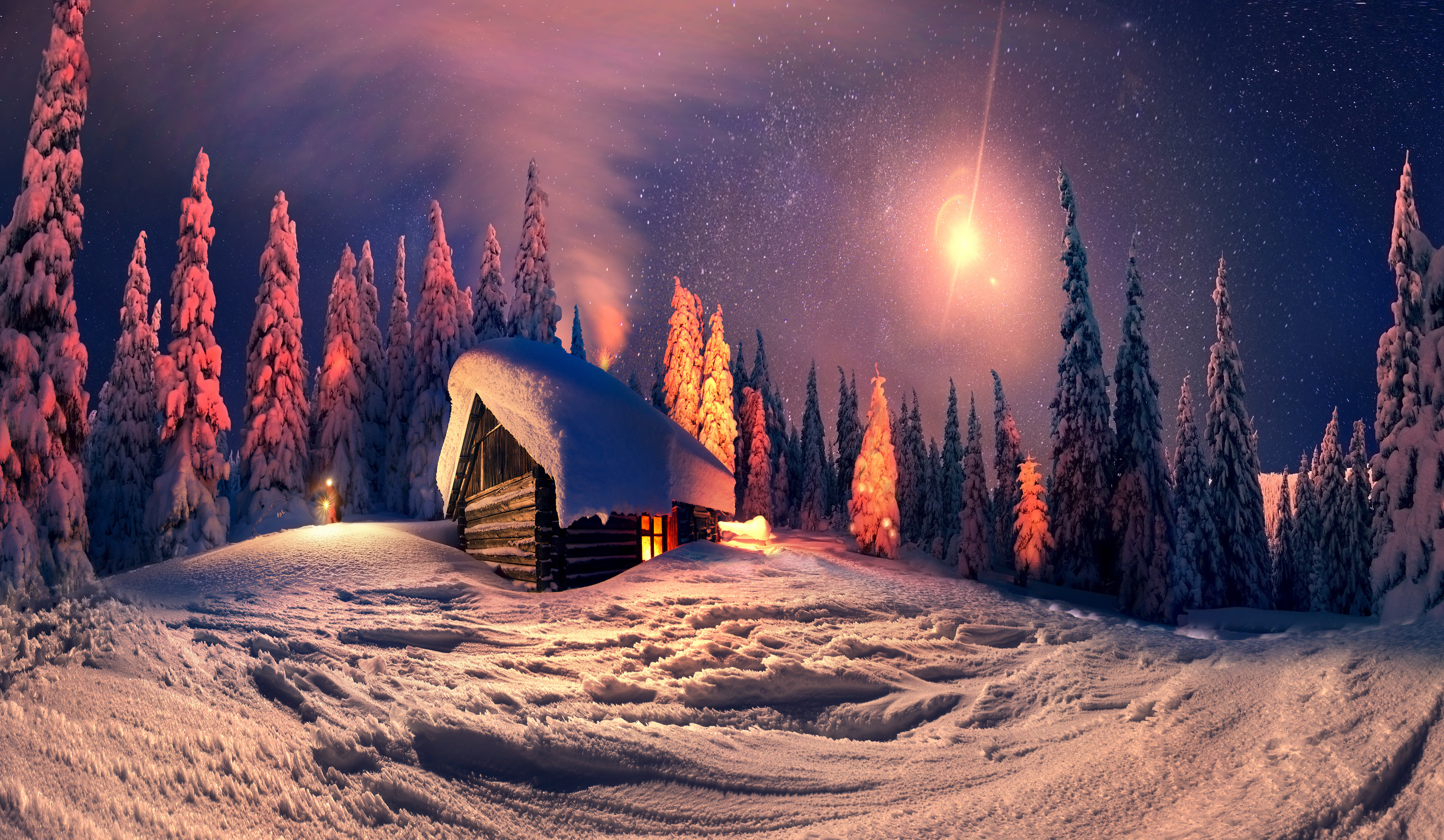 cabin, winter, artistic, forest, hut, night
