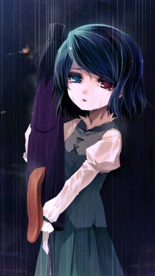 Download mobile wallpaper Anime, Rain, Sad, Umbrella, Heterochromia, Touhou for free.