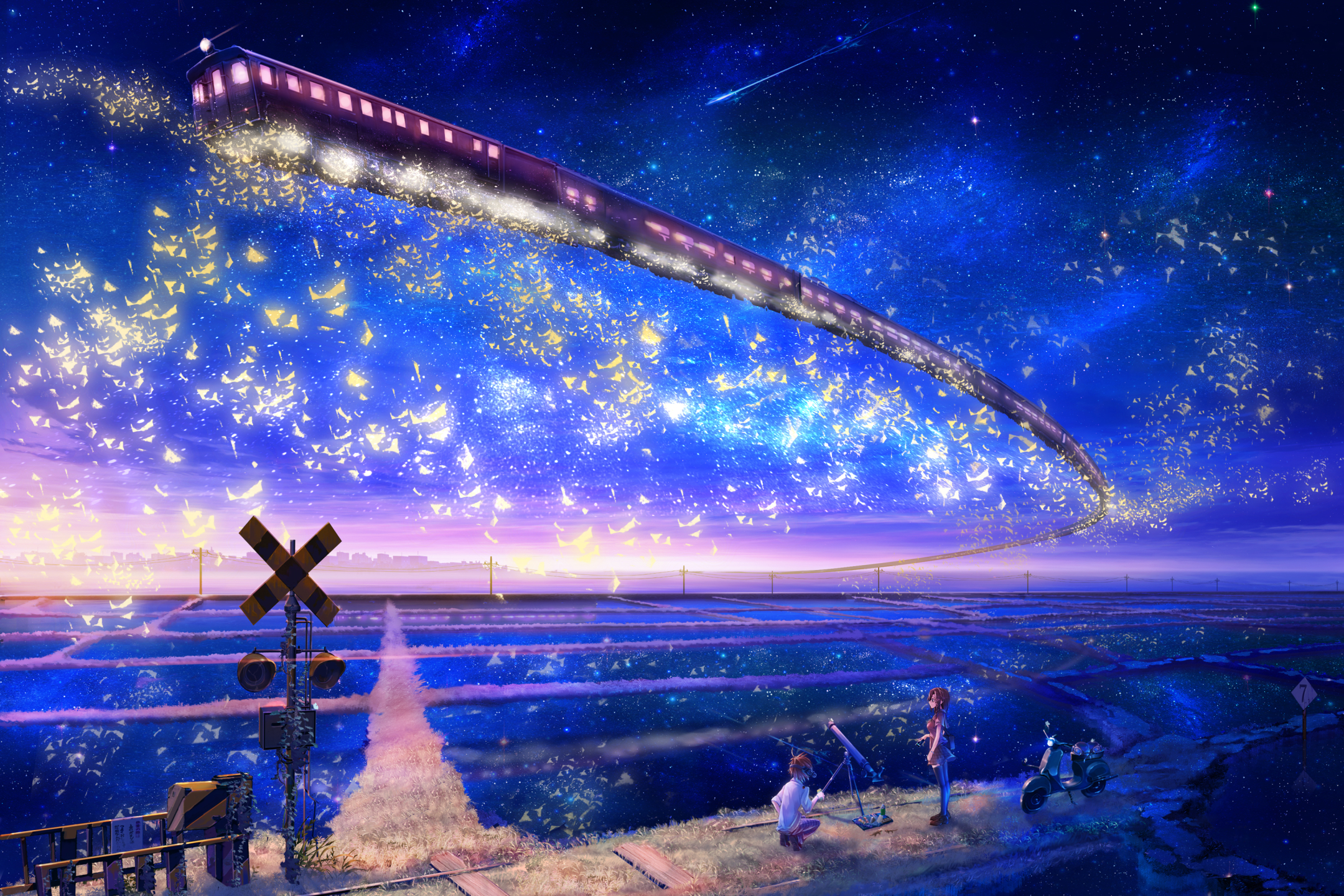 Laden Sie das Landschaft, Sterne, Zug, Nacht, Animes-Bild kostenlos auf Ihren PC-Desktop herunter