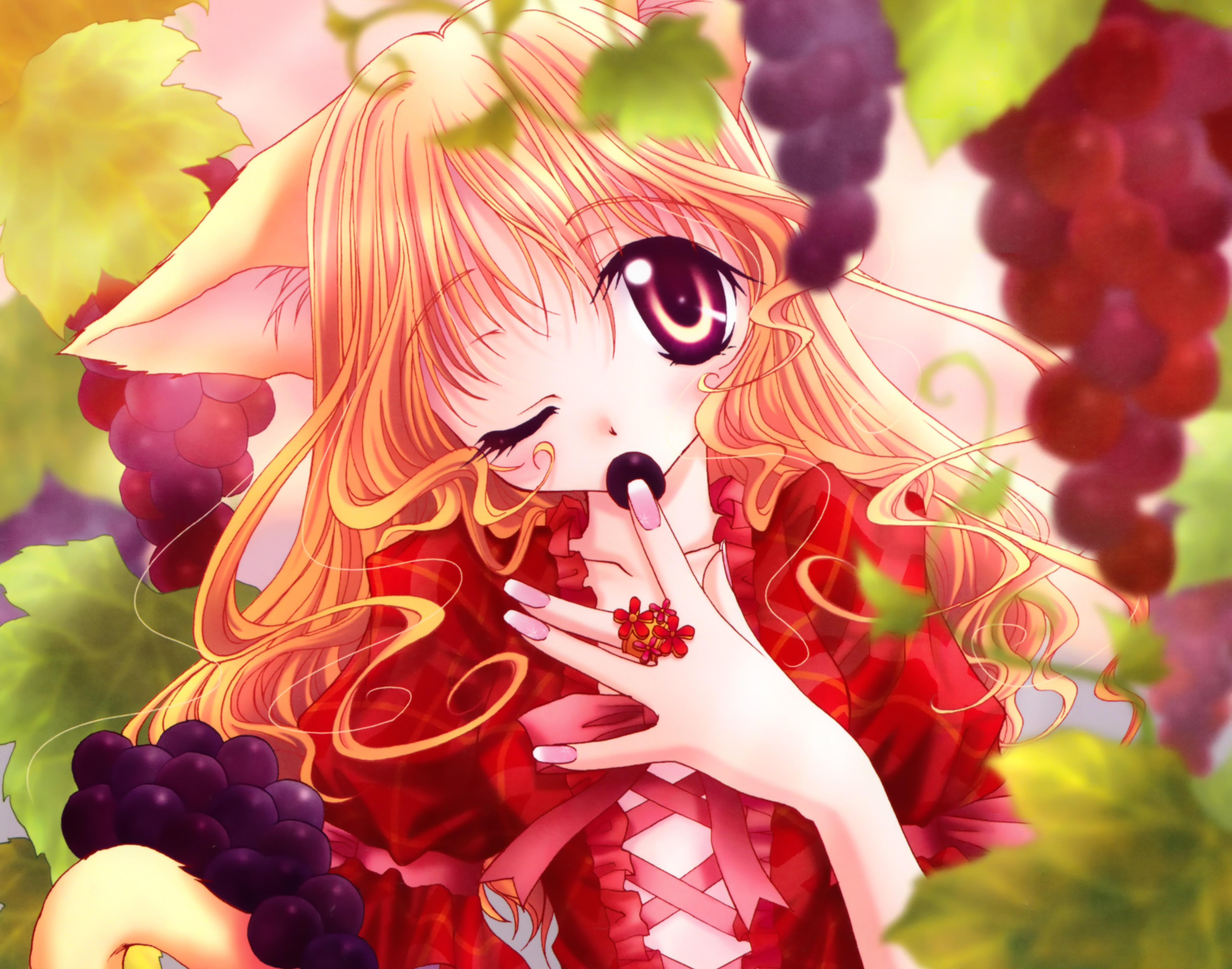 Free download wallpaper Anime, Flower, Fruit, Blonde, Tail, Wink, Original, Brown Eyes, Long Hair, Cat Girl on your PC desktop