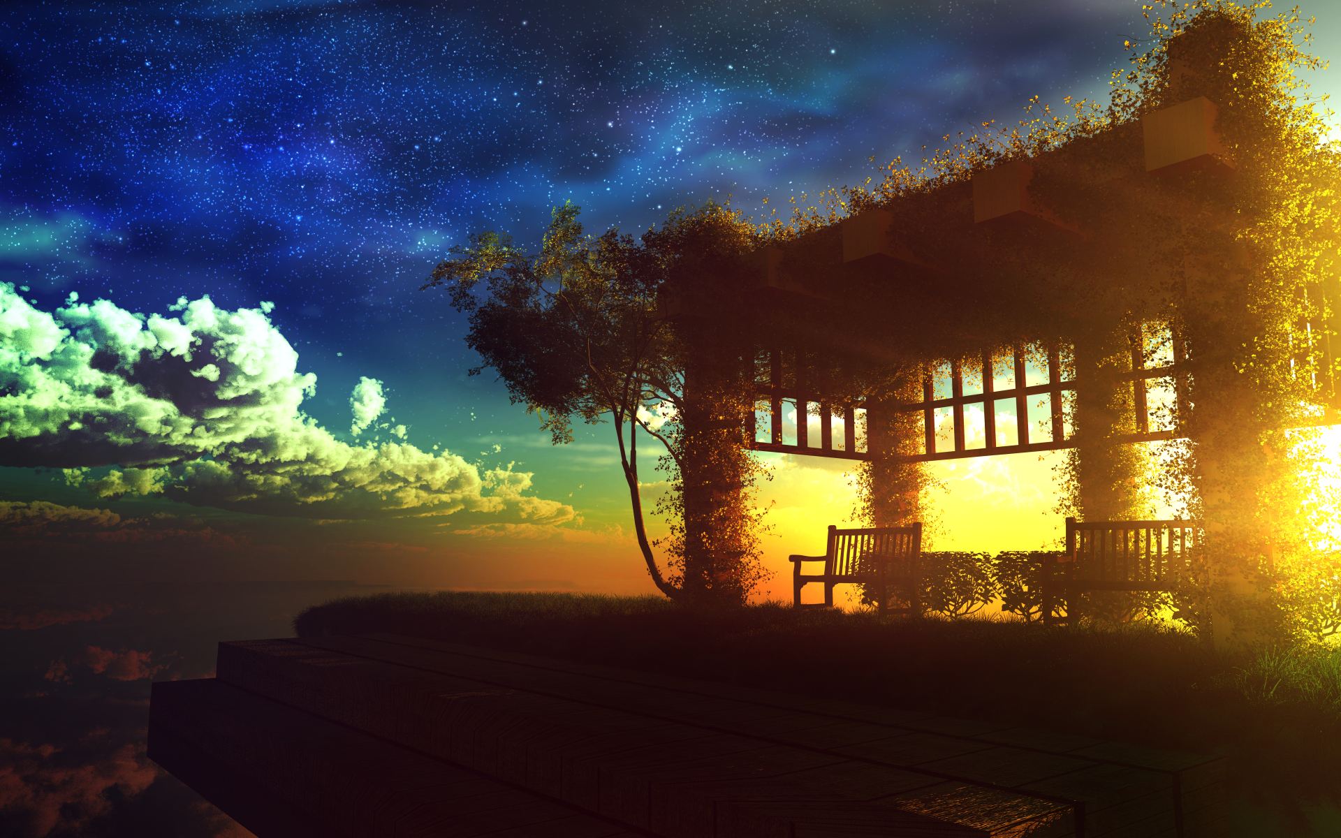 Laden Sie das Landschaft, Bank, Wolke, Original, Himmel, Sonnenuntergang, Animes, Stern-Bild kostenlos auf Ihren PC-Desktop herunter