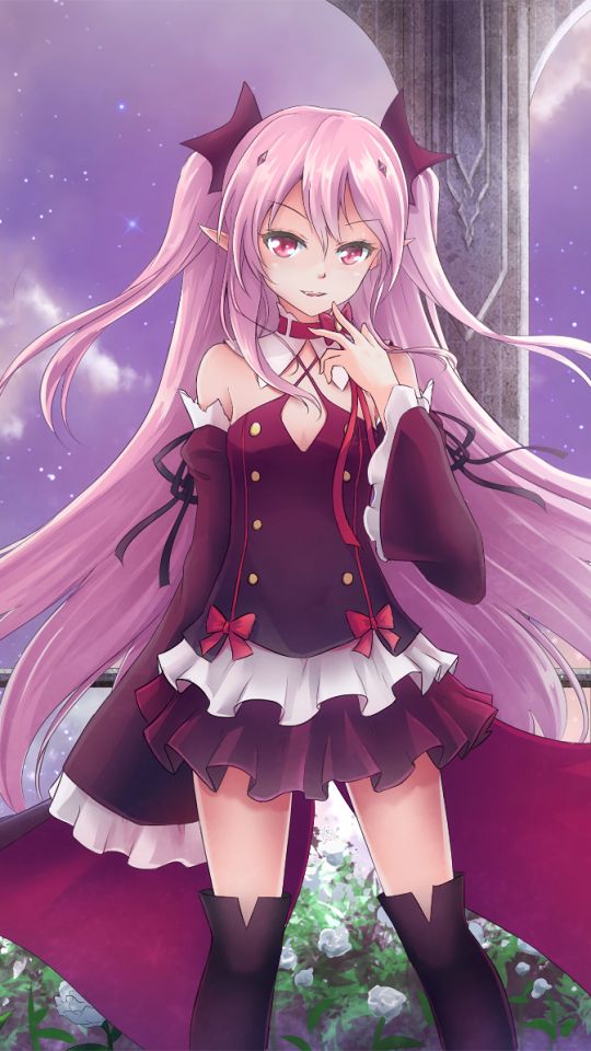 anime, seraph of the end, pink hair, pink eyes, krul tepes, long hair, pointed ears for android