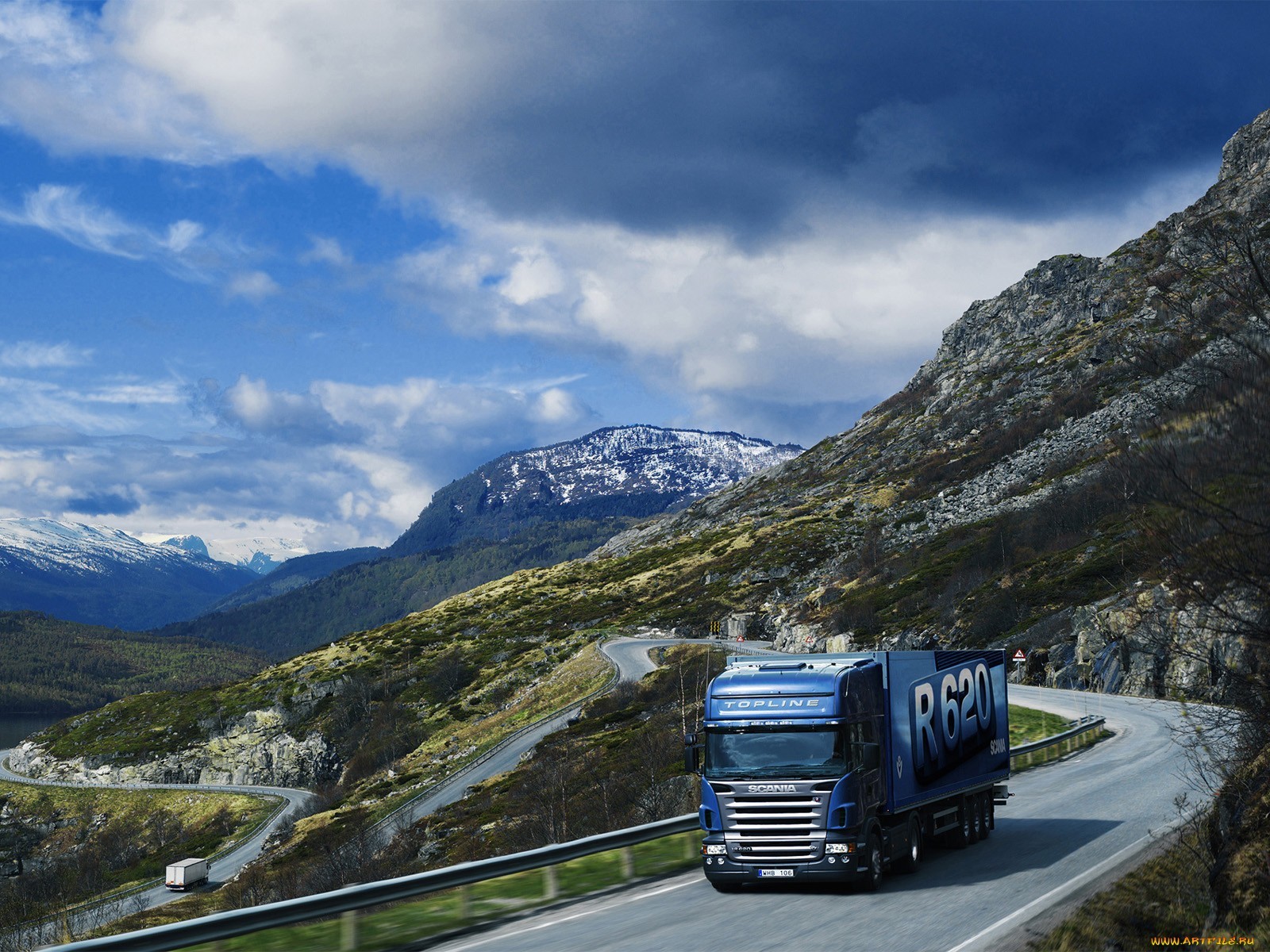 trucks, transport, landscape, sky, roads, clouds, blue