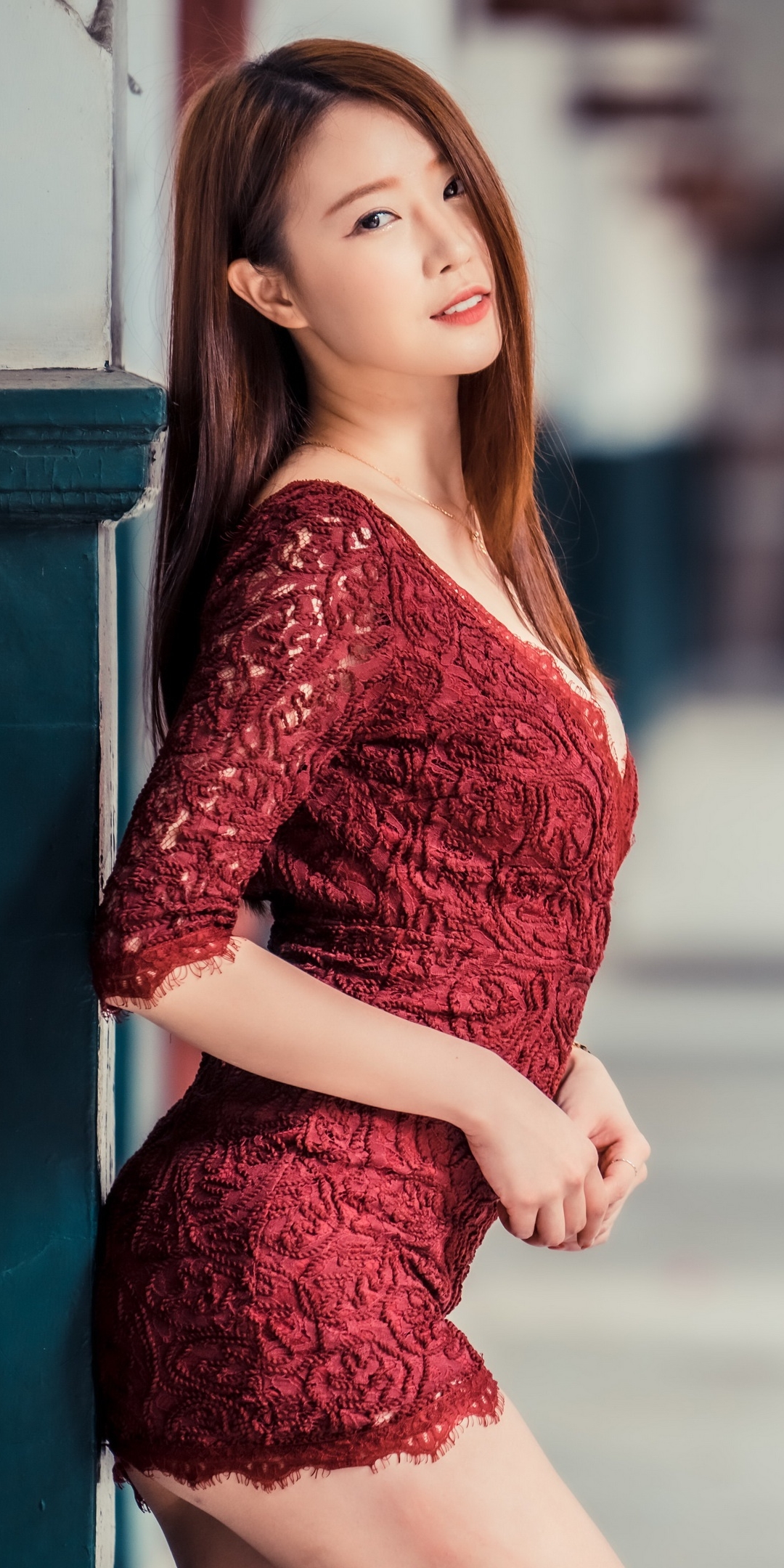 Download mobile wallpaper Brunette, Model, Women, Asian, Red Dress, Depth Of Field for free.