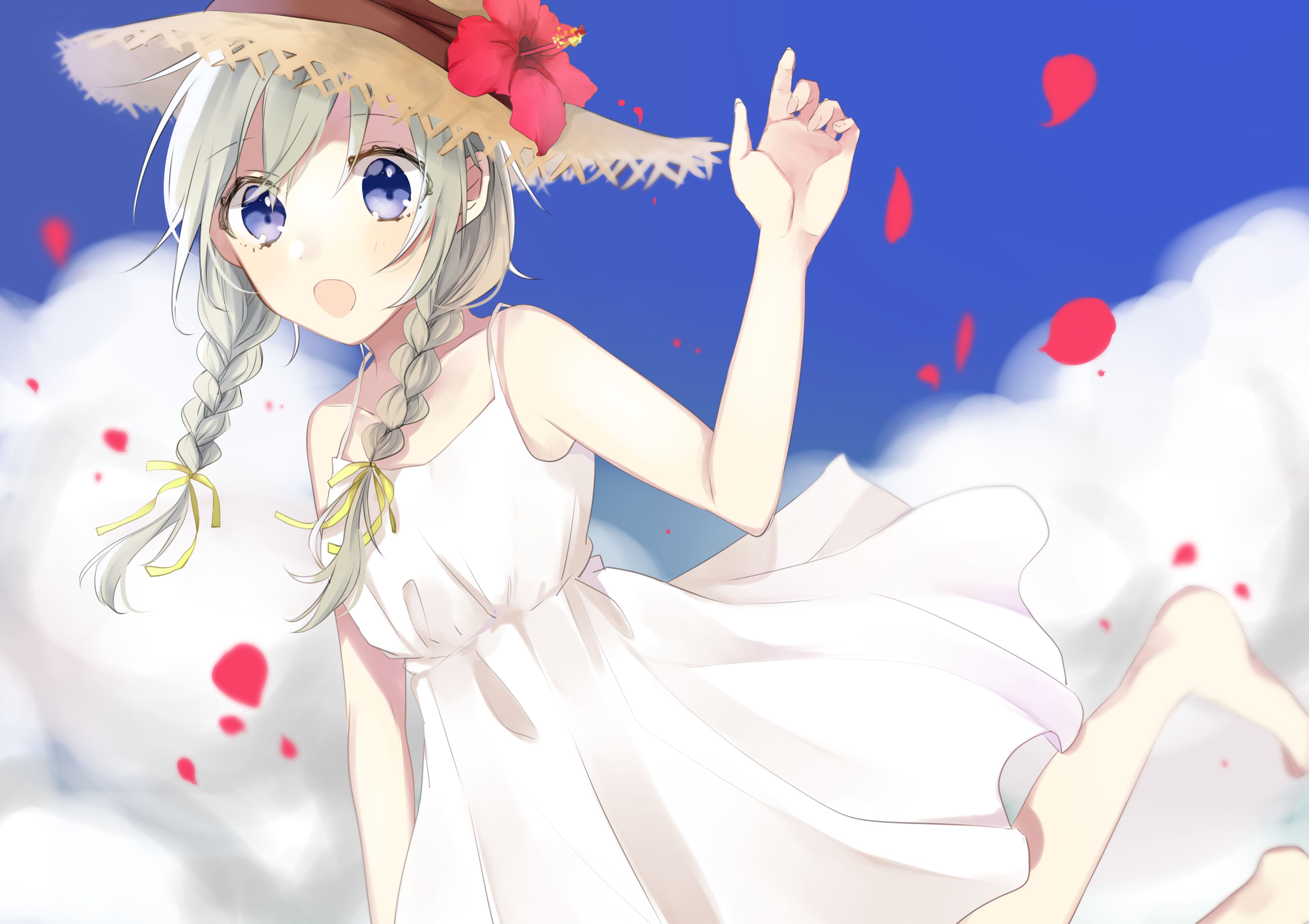 Free download wallpaper Anime, Flower, Hat, Blue Eyes, Original, Braid, Long Hair, Twintails on your PC desktop