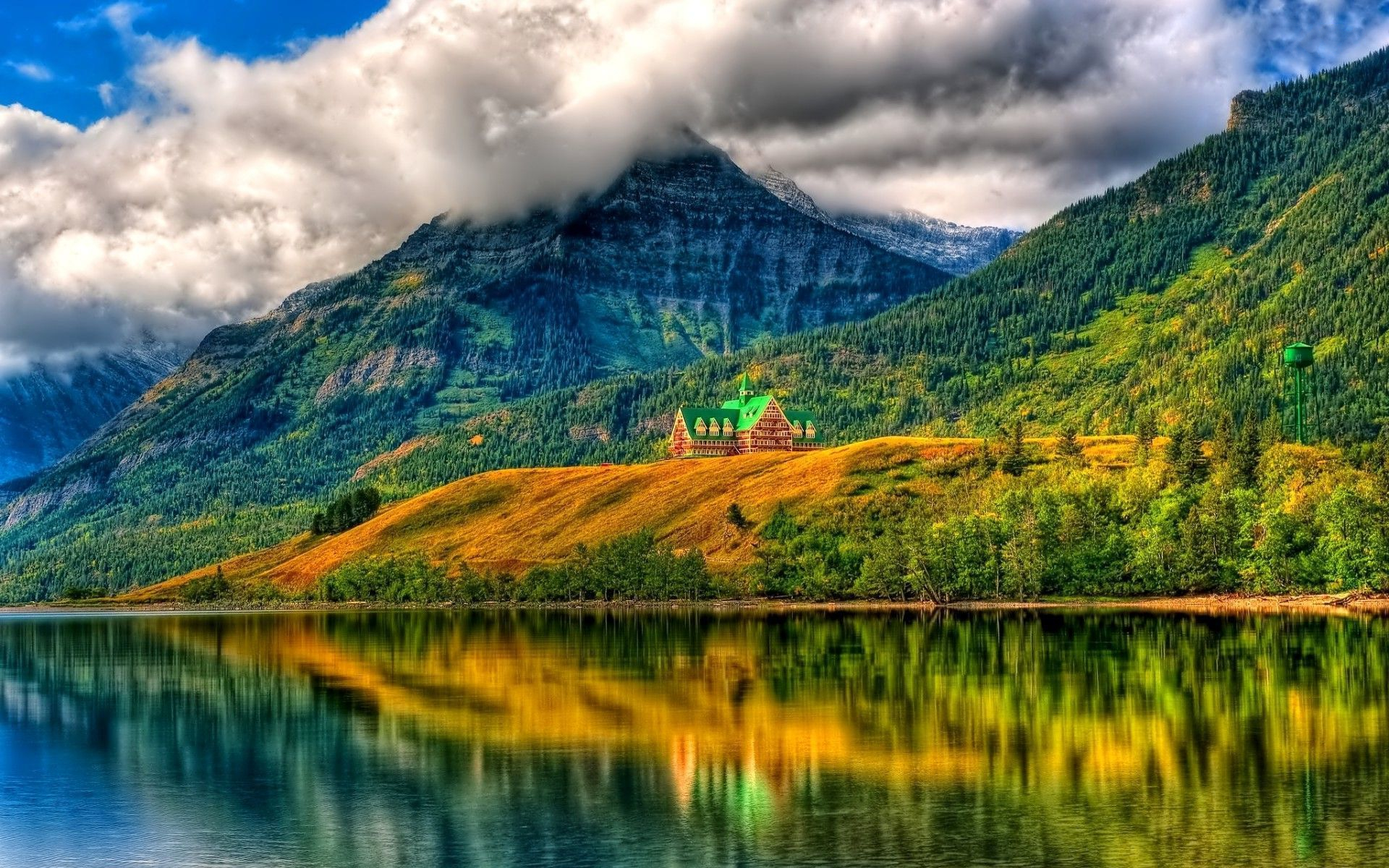 Free download wallpaper Landscape, Mountain, Lake, Reflection, Forest, Tree, House, Hdr, Cloud, Photography on your PC desktop