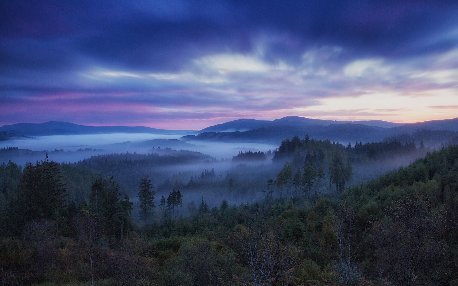 78136 скачать обои туман, небо, шотландия, природа, деревья, холмы - заставки и картинки бесплатно