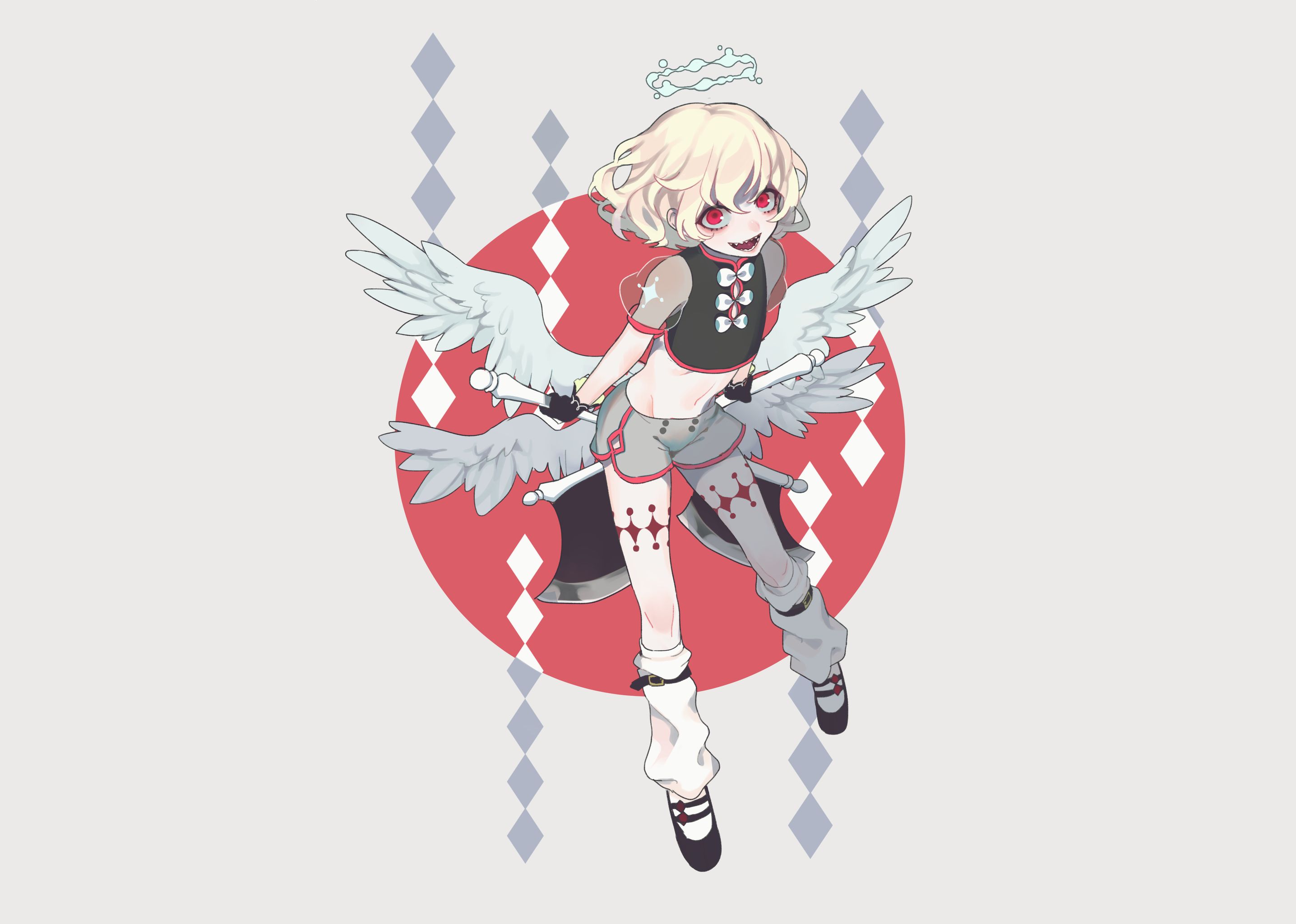 Free download wallpaper Anime, Smile, Wings, Angel, Blonde, Axe, Red Eyes, Short Hair on your PC desktop