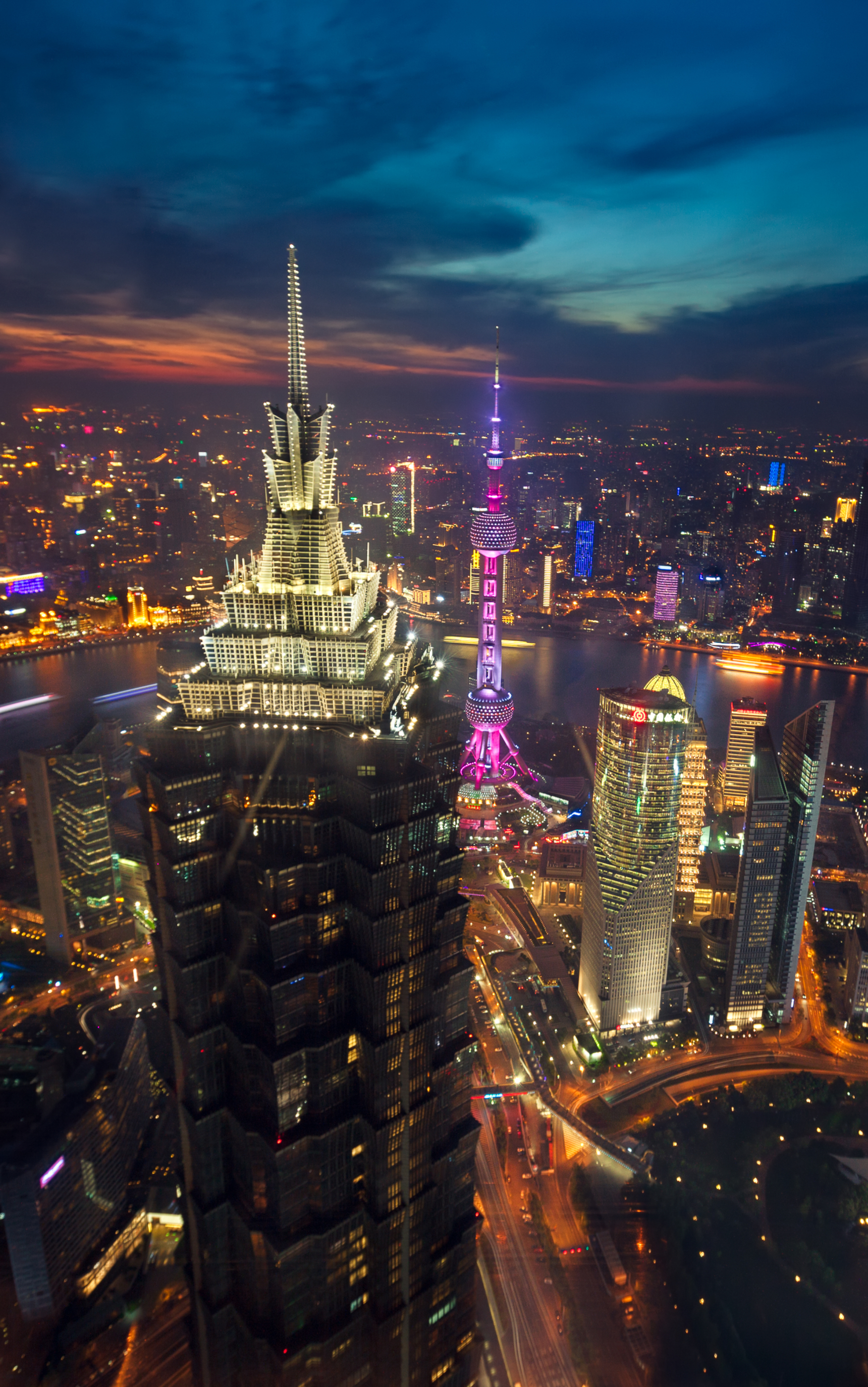 Скачать обои бесплатно Города, Ночь, Архитектура, Китай, Шанхай, Воздушный, Антенна, Сделано Человеком, Кита́й картинка на рабочий стол ПК