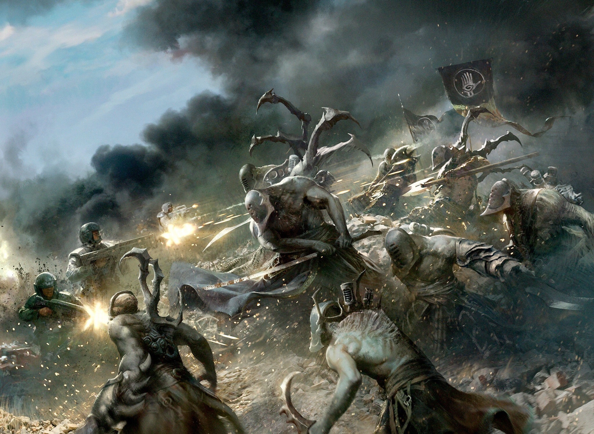 Free download wallpaper Warhammer, Warrior, Creature, Battle, Sword, Warhammer 40K, Video Game, Banner on your PC desktop