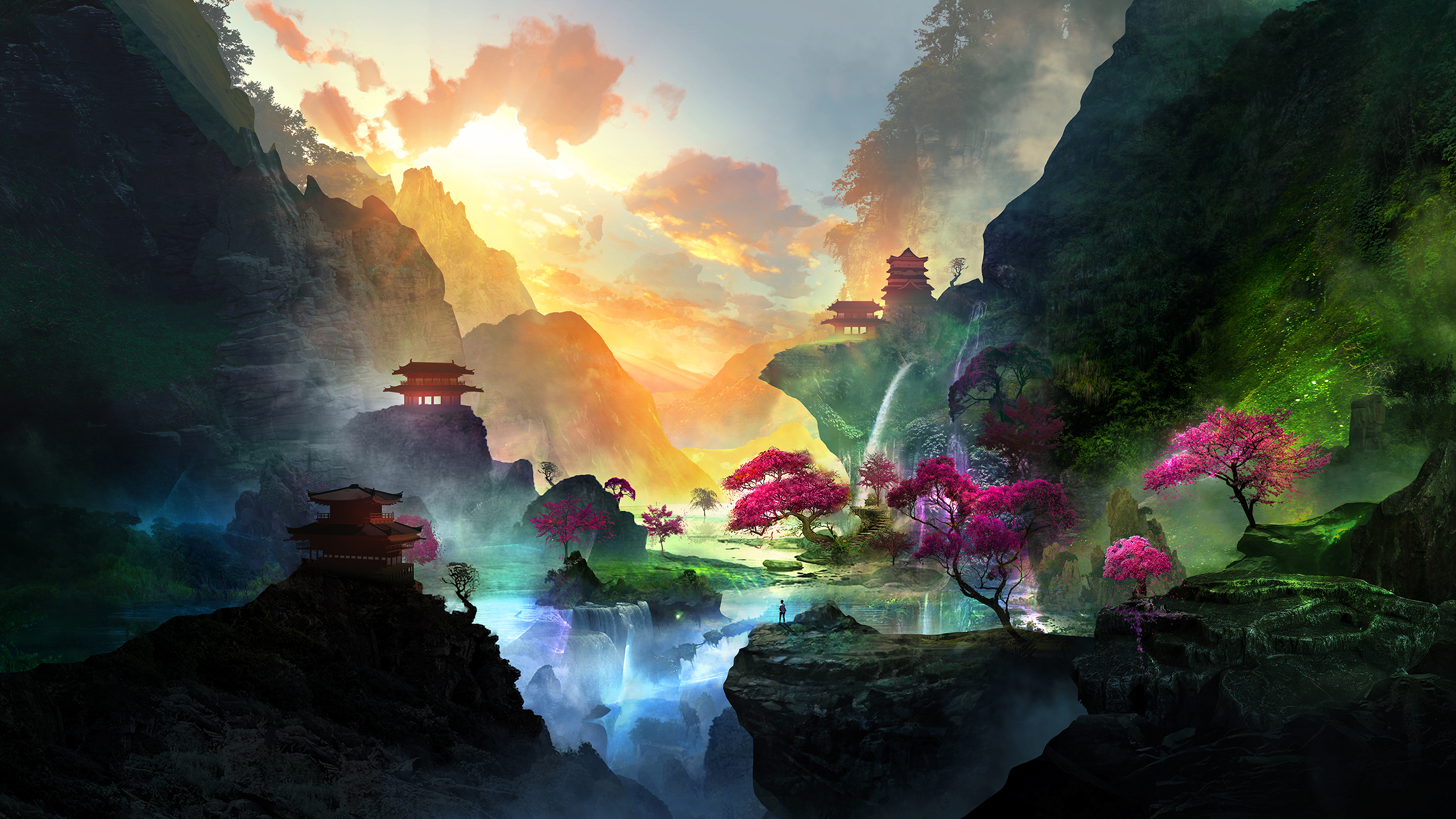 Free download wallpaper Landscape, Fantasy, Mountain, Waterfall, Tree on your PC desktop