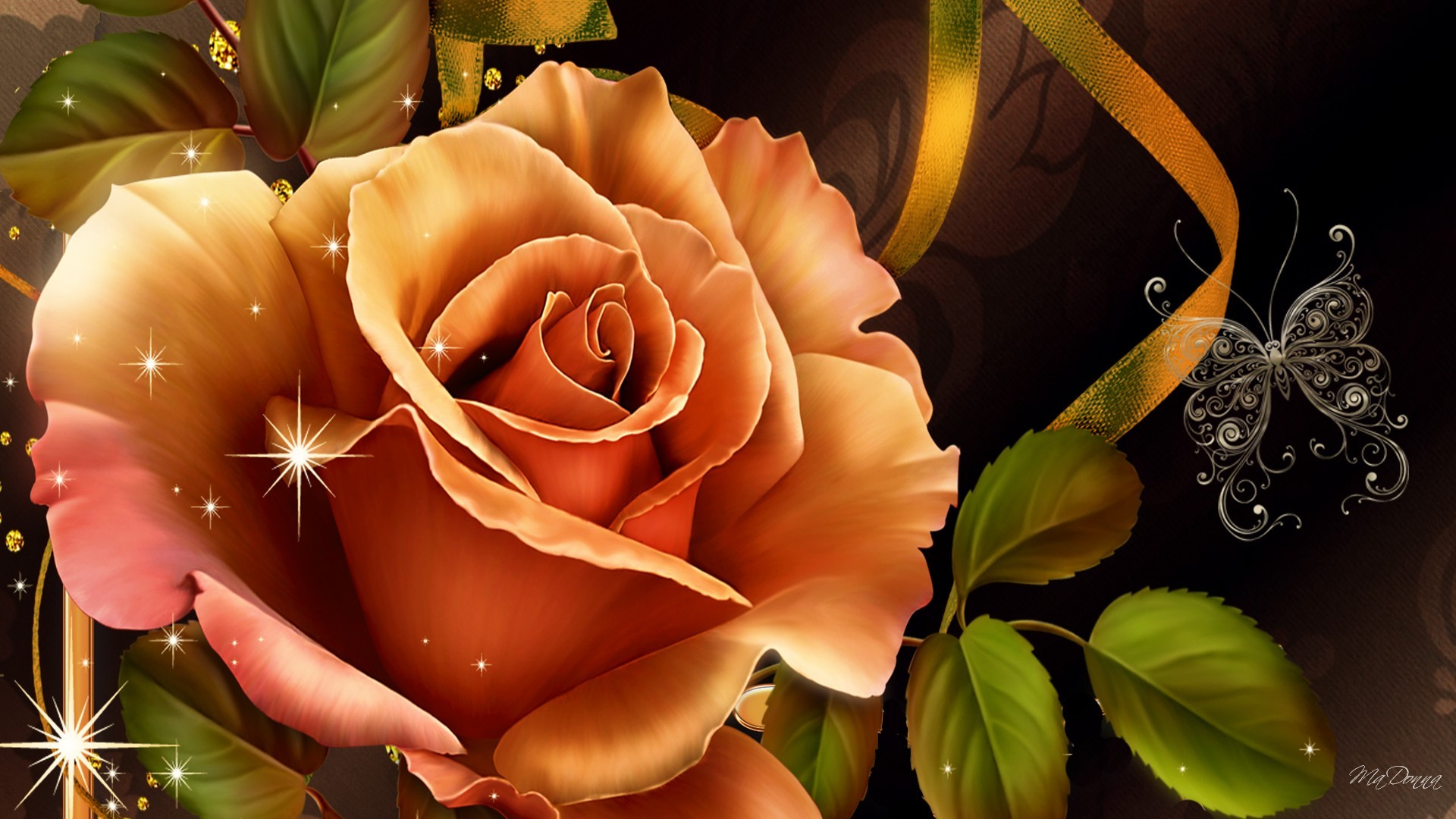 802859 скачать обои художественные, роза, бабочка, цветок, листва, персиковый цветок, лента, блестки - заставки и картинки бесплатно