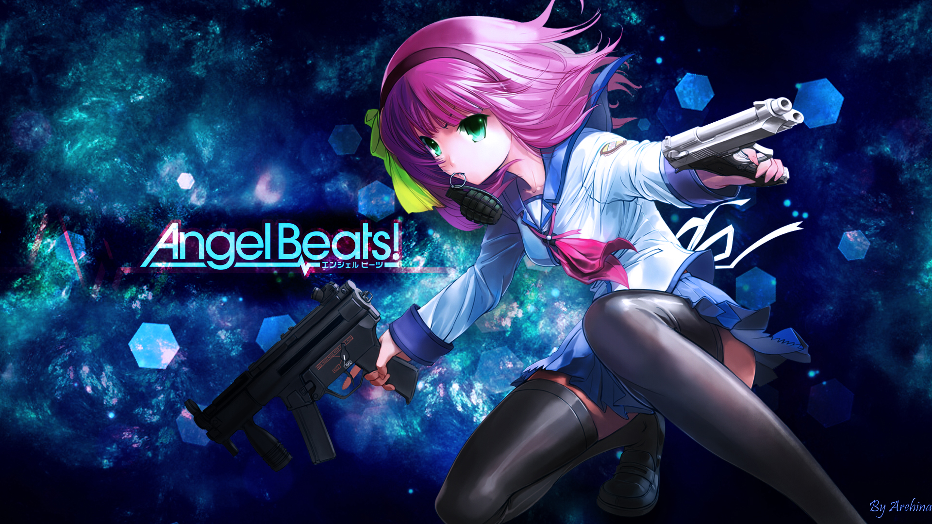 anime, angel beats!, green eyes, grenade, gun, handgun, headband, pink hair, pistol, skirt, thigh highs, uniform, weapon, yuri nakamura