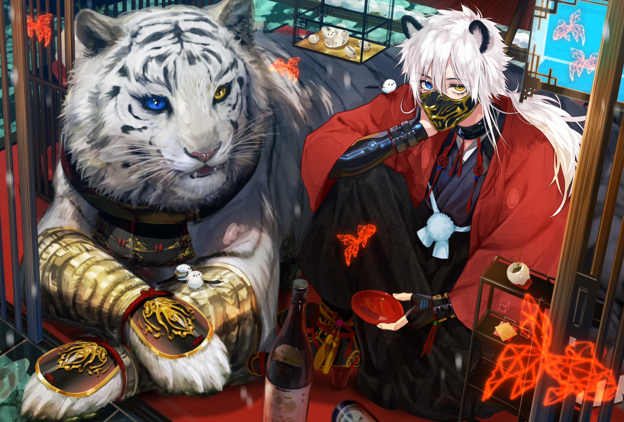 Download mobile wallpaper Anime, Tiger, Boy, Heterochromia for free.