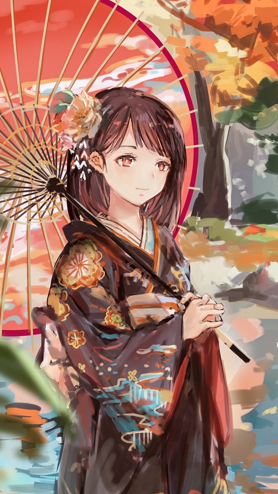 Download mobile wallpaper Anime, Girl, Umbrella, Kimono for free.