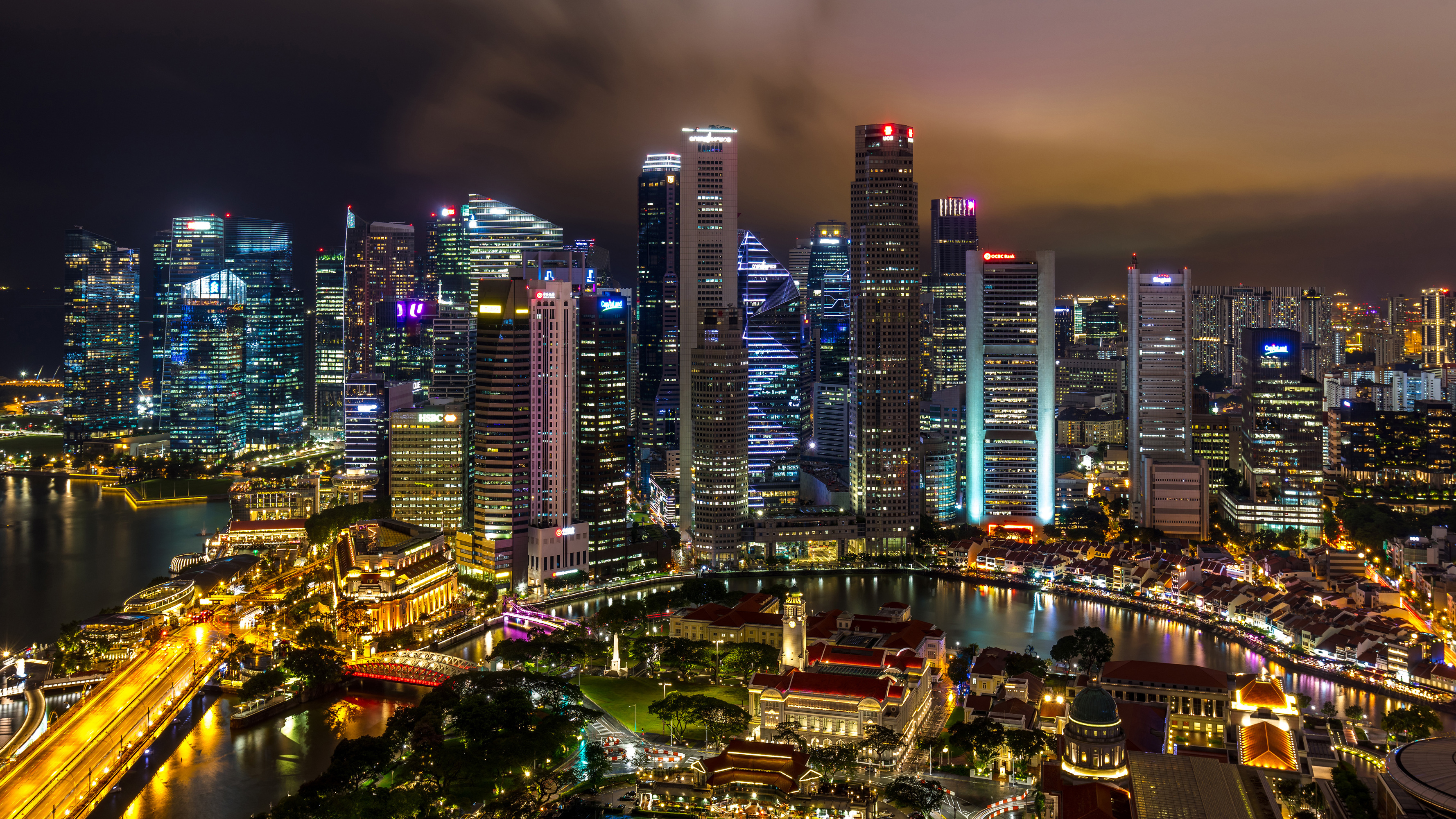 Laden Sie das Städte, Wolkenkratzer, Gebäude, Singapur, Nacht, Menschengemacht, Großstadt-Bild kostenlos auf Ihren PC-Desktop herunter