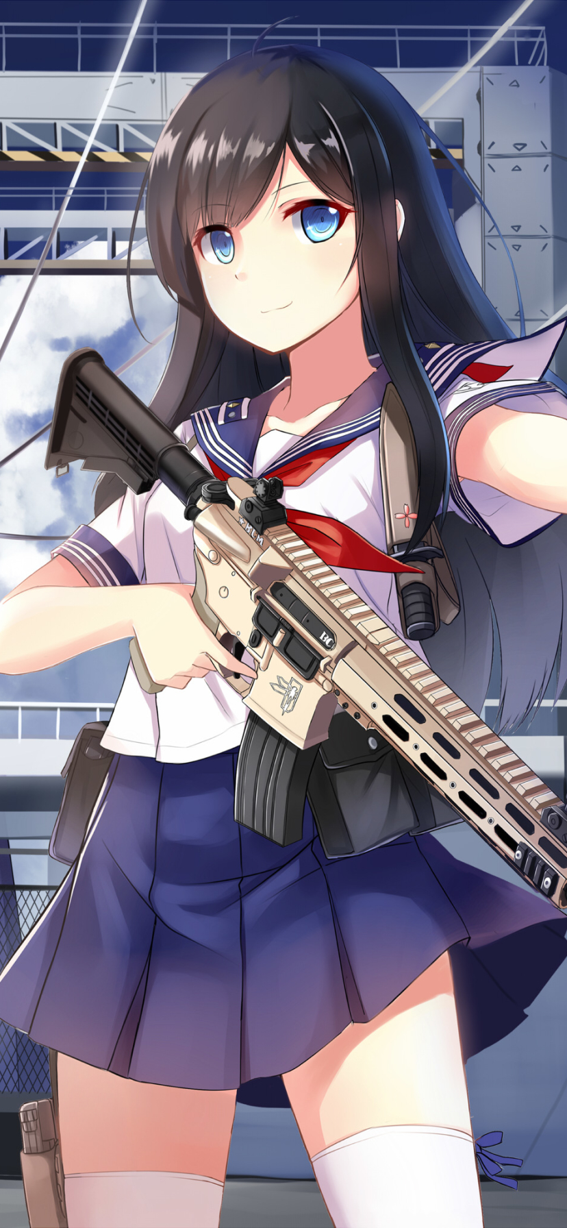 Download mobile wallpaper Anime, Blue Eyes, Original, School Uniform, Gun, Black Hair for free.