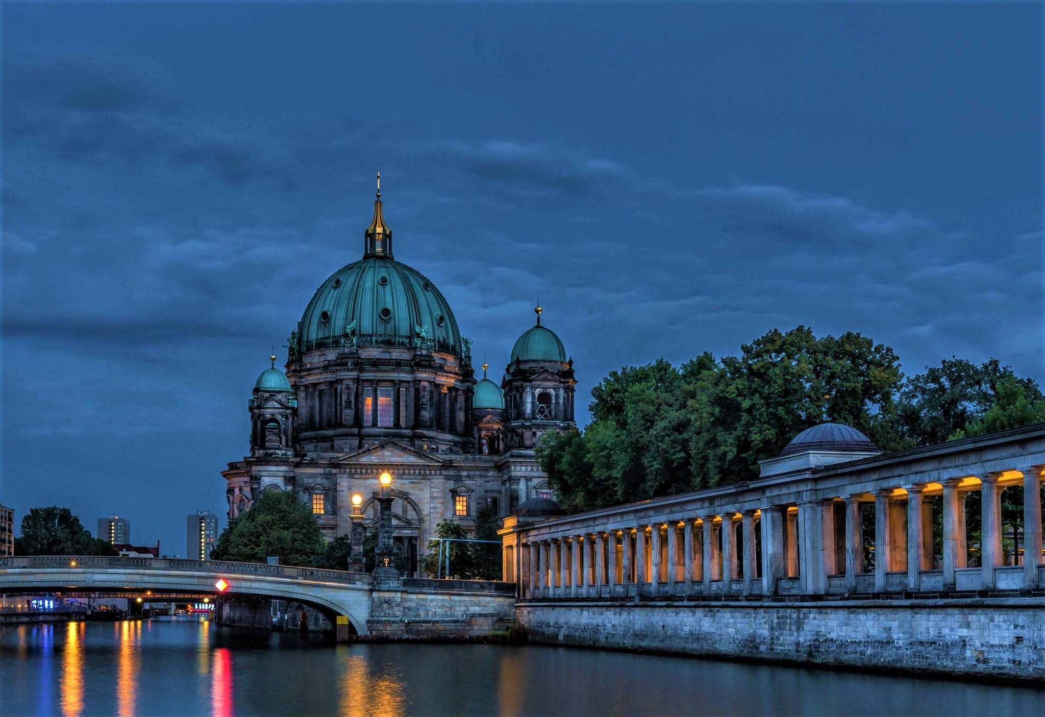 berlin, religious, berlin cathedral, bridge, city, dome, dusk, night, river, twilight, cathedrals