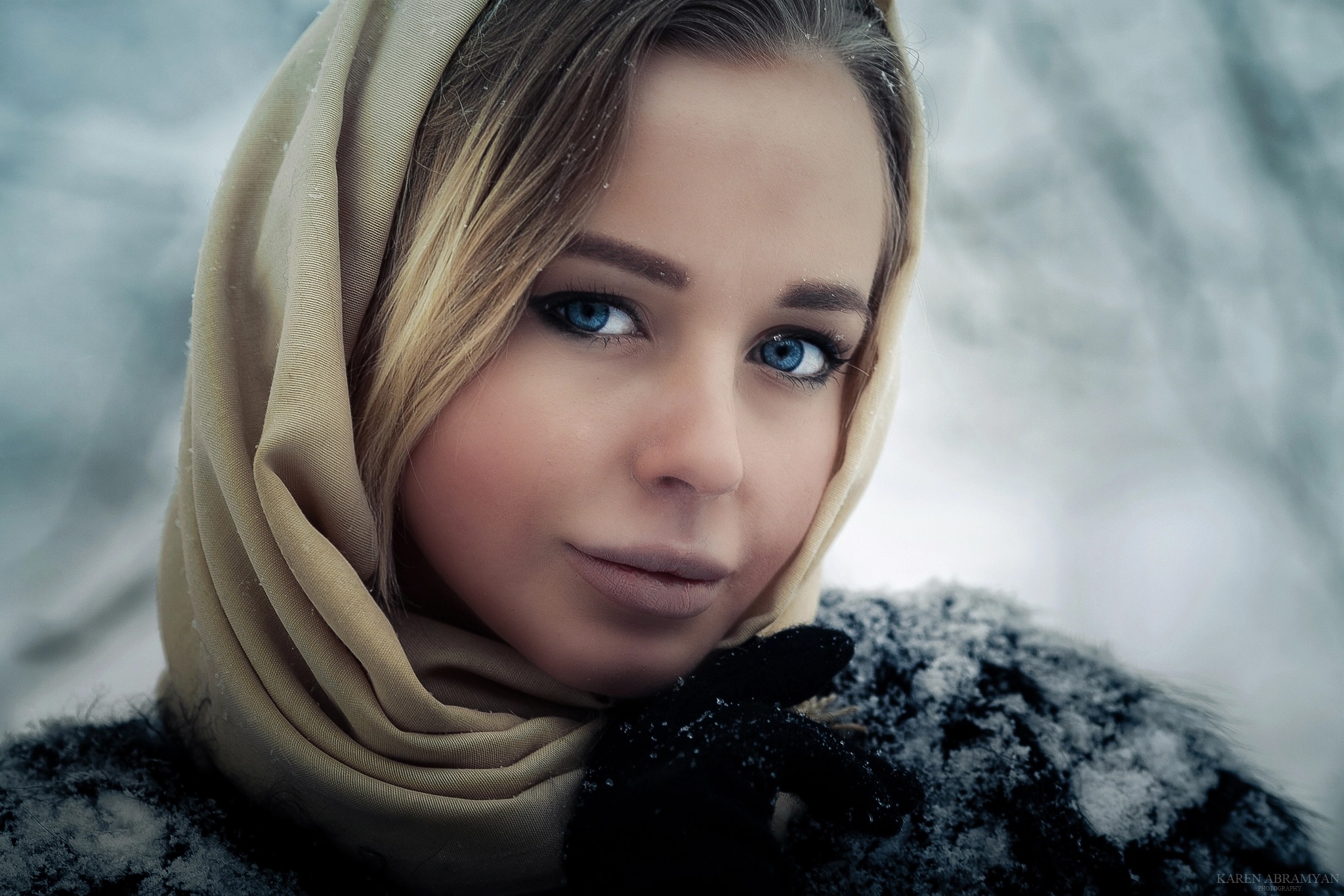 Download mobile wallpaper Winter, Snow, Close Up, Blonde, Face, Hood, Model, Women, Blue Eyes for free.