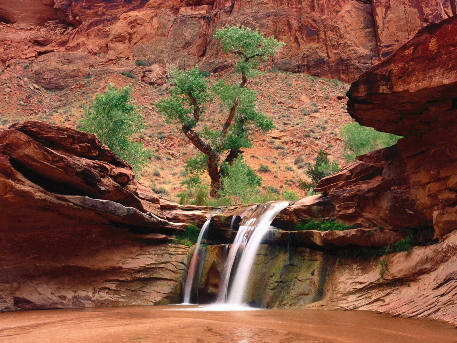 Download mobile wallpaper Sand, Canyons, Trees, Waterfall, Nature for free.