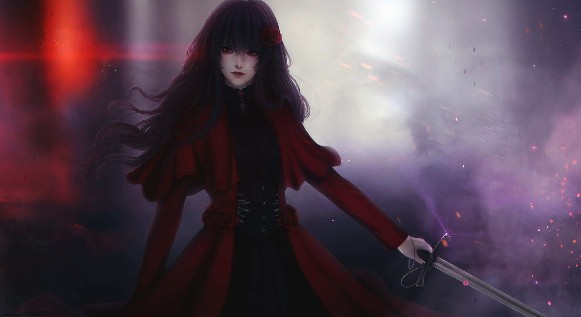 Free download wallpaper Anime, Rose, Sword, Original, Long Hair, Red Dress on your PC desktop