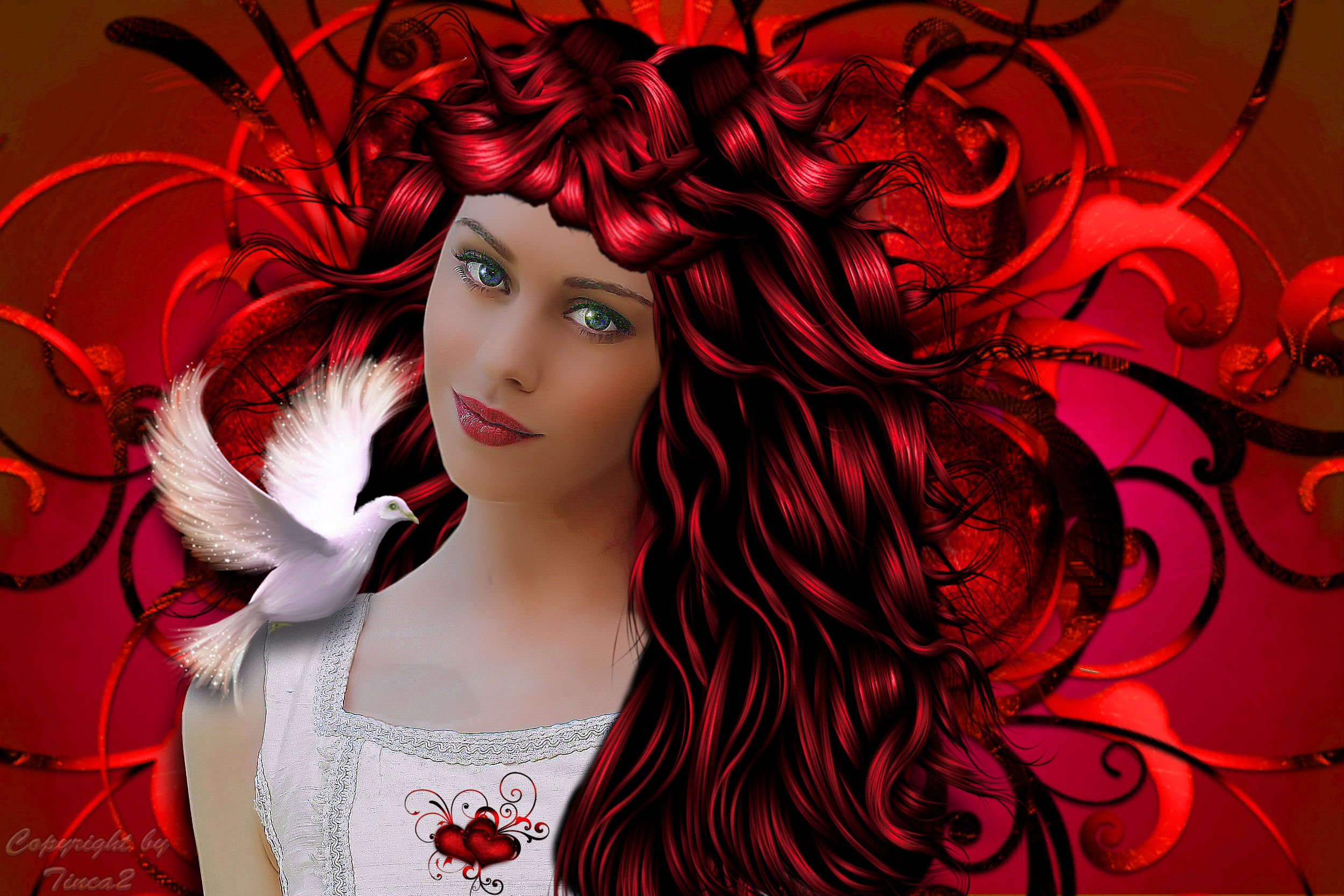 Download mobile wallpaper Fantasy, Redhead, Heart, Dove, Women for free.