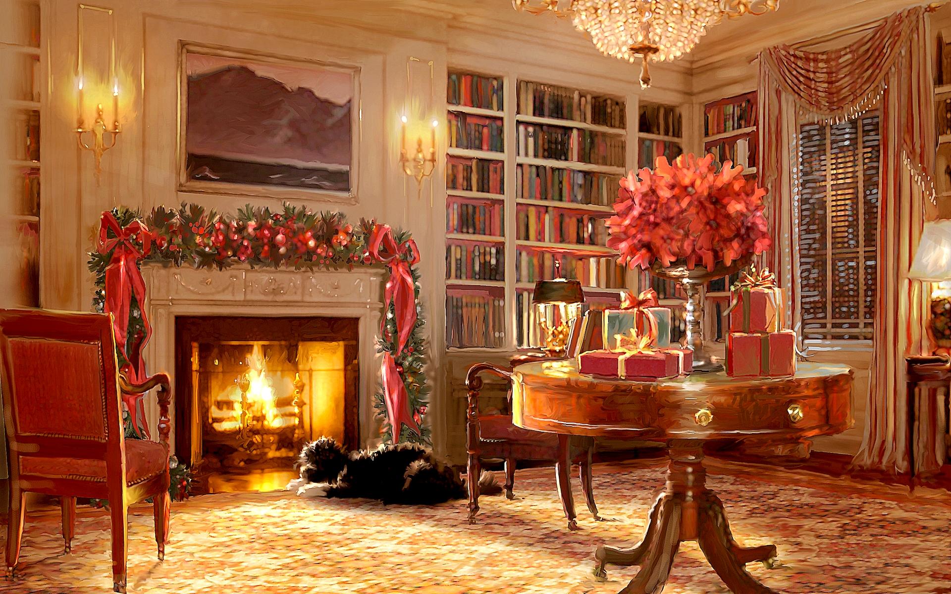 749306壁紙のダウンロードホリデー, クリスマス, 犬, 暖炉, ペインティング-スクリーンセーバーと写真を無料で
