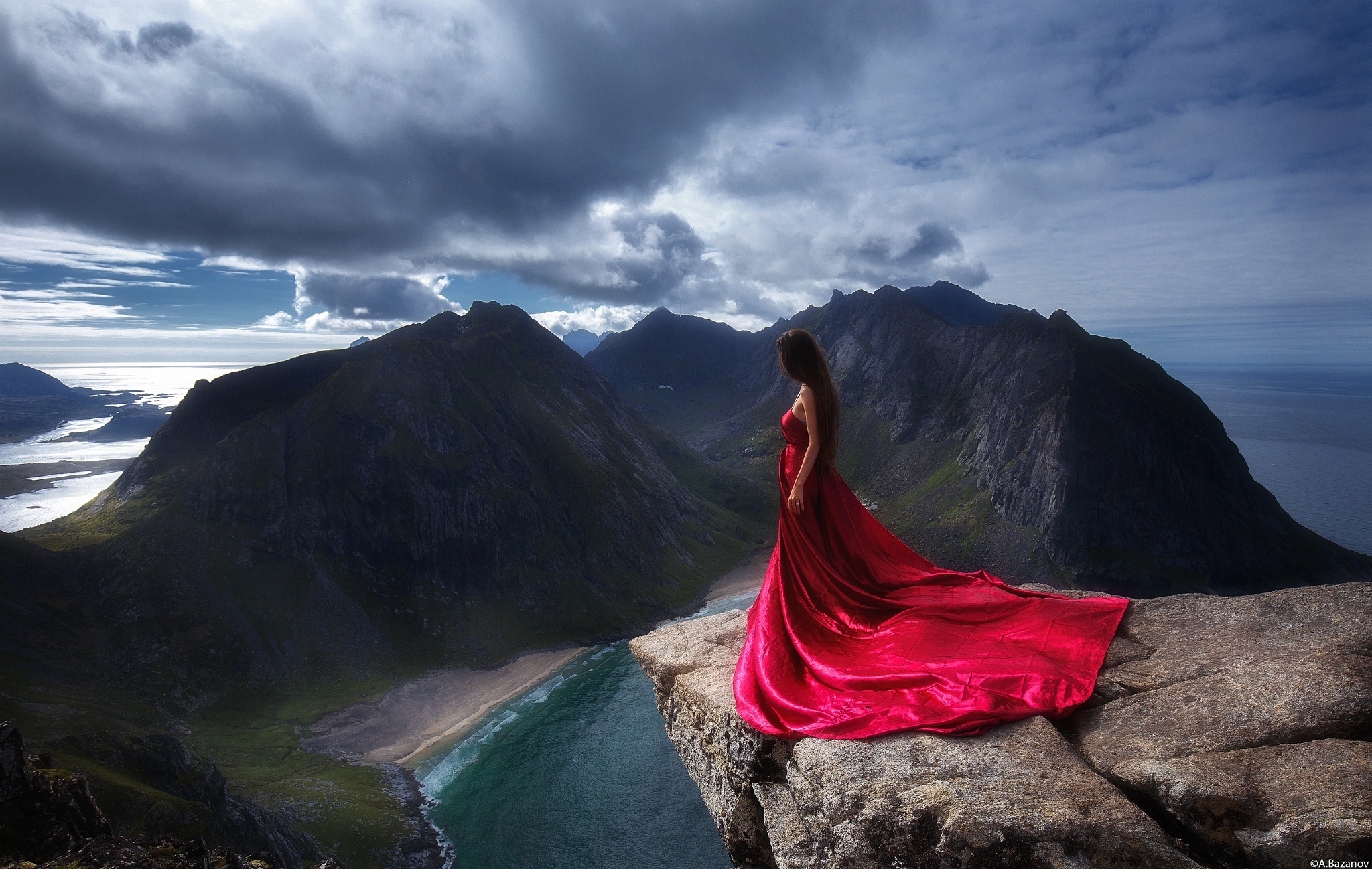 Free download wallpaper Sea, Ocean, Cliff, Brunette, Photography, Women, Red Dress on your PC desktop