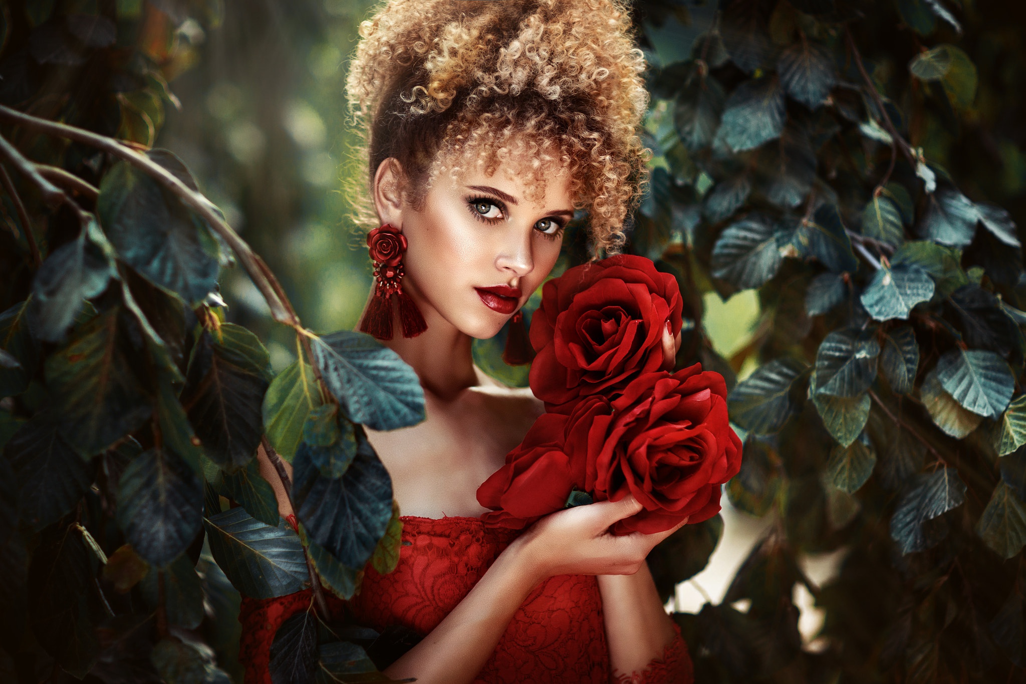 Download mobile wallpaper Flower, Rose, Brunette, Model, Women, Earrings, Lipstick for free.