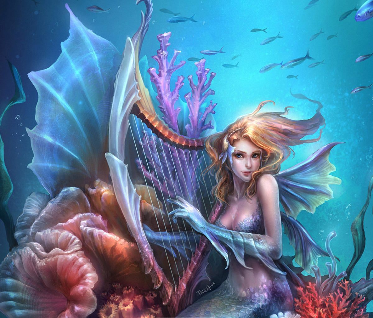 Free download wallpaper Fantasy, Ocean, Mermaid, Harp on your PC desktop