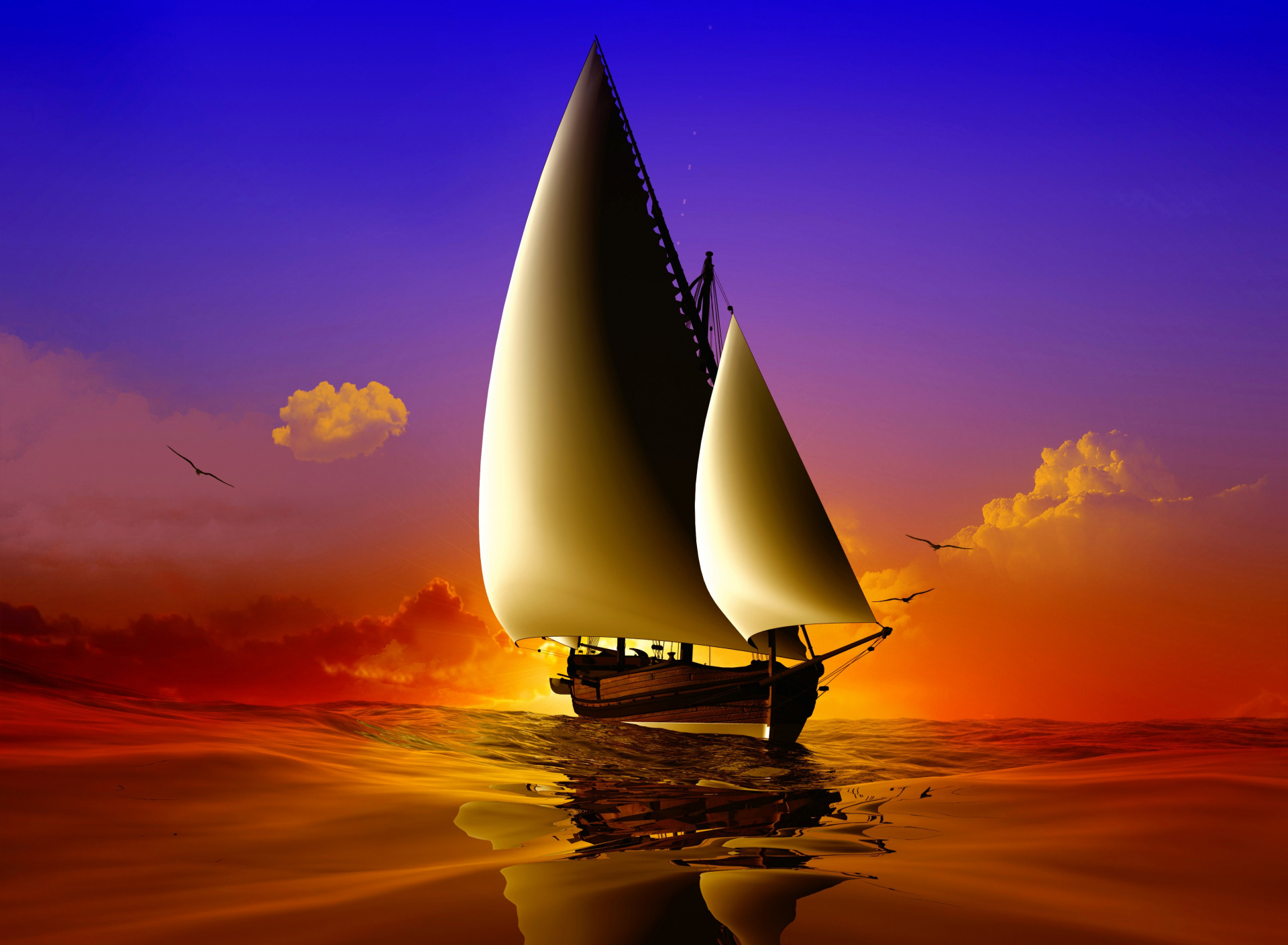 Download mobile wallpaper Sunset, Ocean, Boat, Sailboat, Artistic for free.