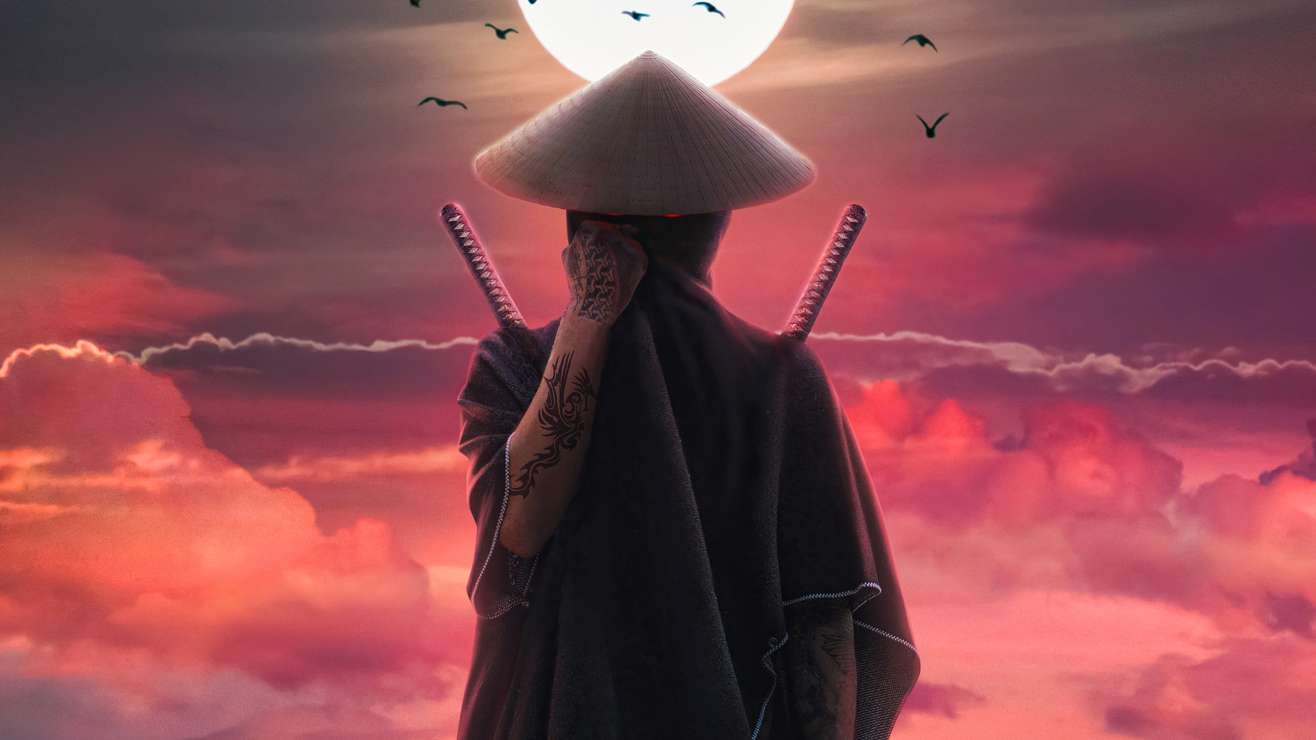 ninja, fantasy, asian conical hat, tattoo, warrior