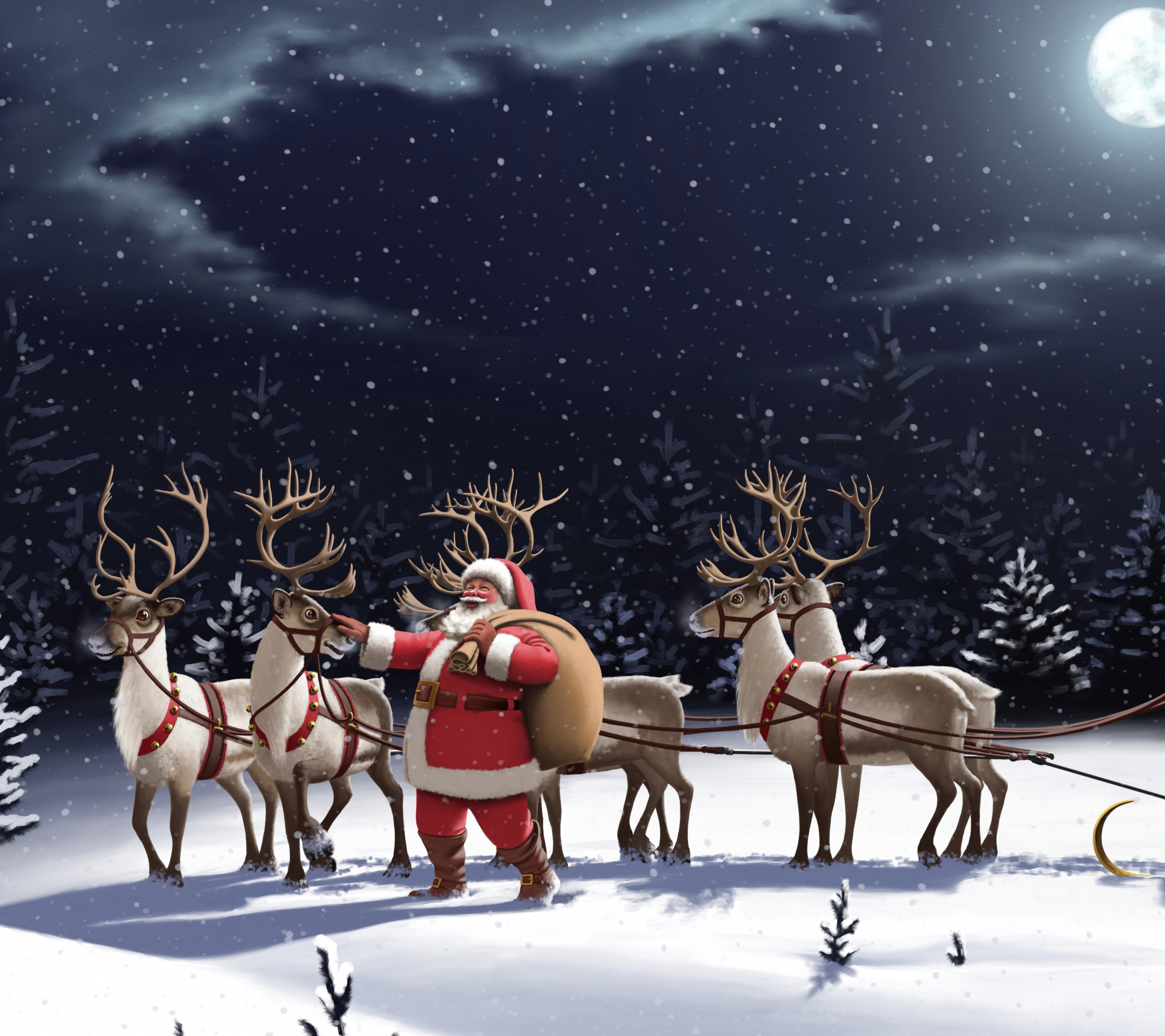 Download mobile wallpaper Night, Moon, Christmas, Holiday, Sleigh, Santa, Snowfall, Reindeer for free.