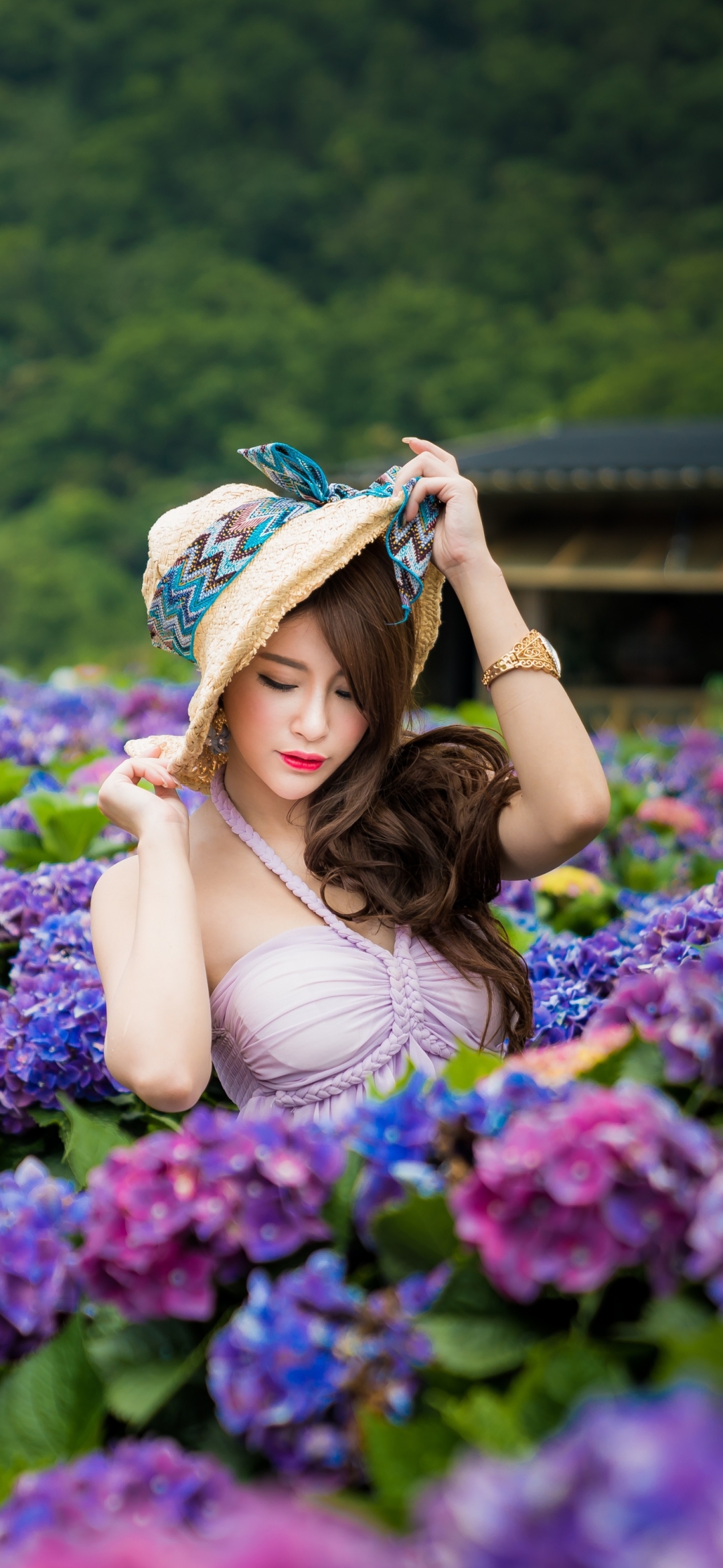 Download mobile wallpaper Flower, Hydrangea, Hat, Brunette, Model, Women, Asian, Long Hair, Depth Of Field, Blue Flower for free.