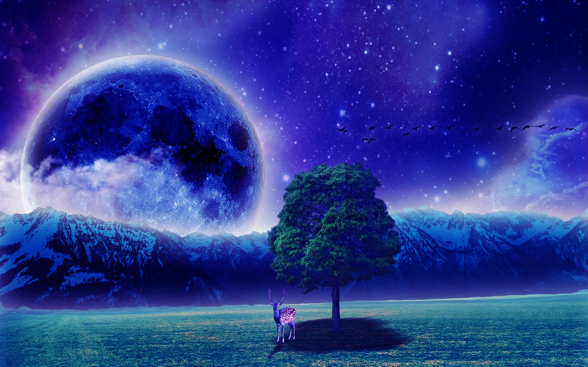 Download mobile wallpaper Fantasy, Sky, Moon, Mountain, Tree, Field, Deer, Artistic for free.